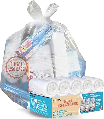 BEIDOU-PAC Bolsas de basura de 13 galones, 250 unidades a granel, bolsas de basura de plástico transparente para reciclaje, bolsas de basura altas BEIDOU-PAC Bolsas de basura de 13 galones, 250 unidades a granel, bolsas de basura de plástico transparente para reciclaje, bolsas de basura altas