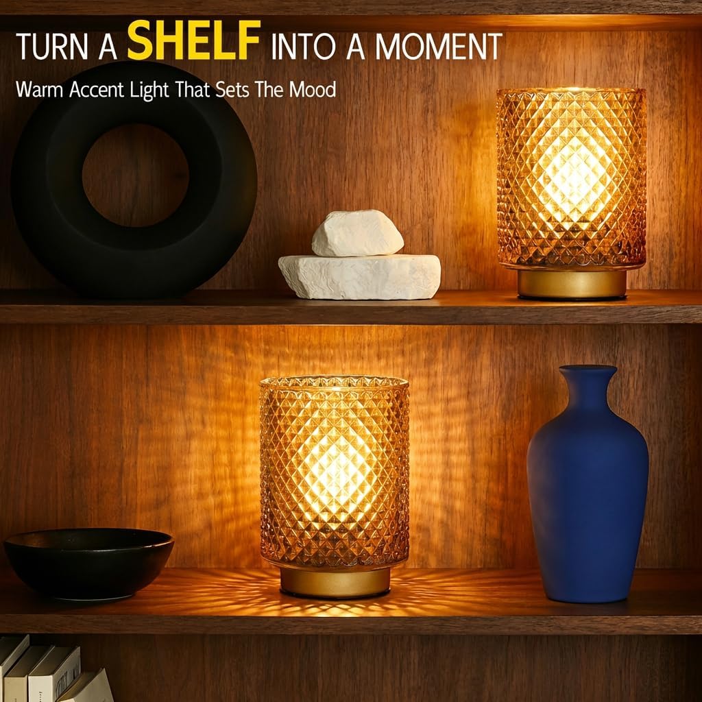 2 Pack Battery Decorative Operated Lamp,Small Accent Table Lamp with Timer for Bedside/Nightstand,Cordless Warm Ambiance Lamp with Warm White Bulb for Bookshelf/Entryway/Centerpiece Decor(Amber)