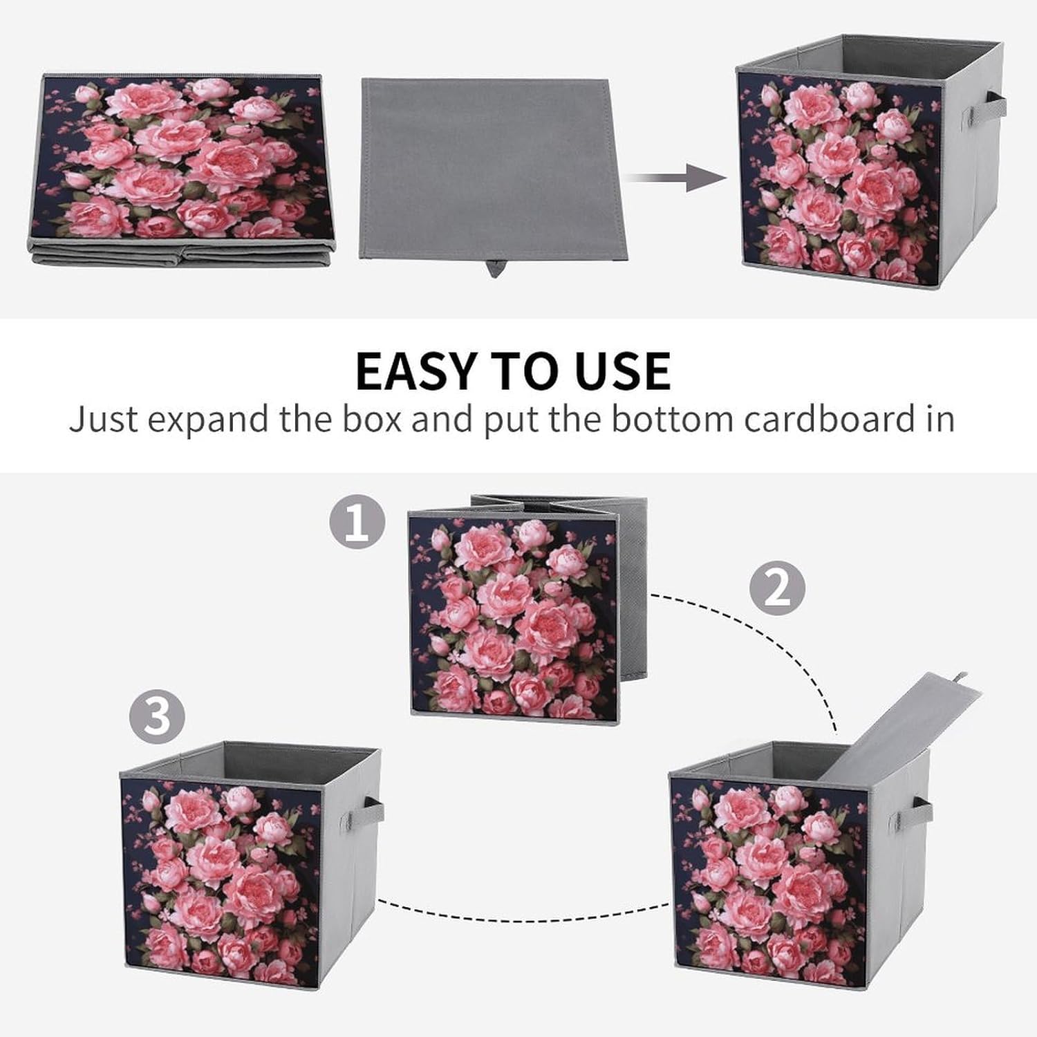 Peony Flowers Storage Cubes Set of 6 Storage Bins with Handles Collapsible Storage Basket Fabric Storage Box for Shelves Large Closet Shelf Organizer for Organization 11 Inch