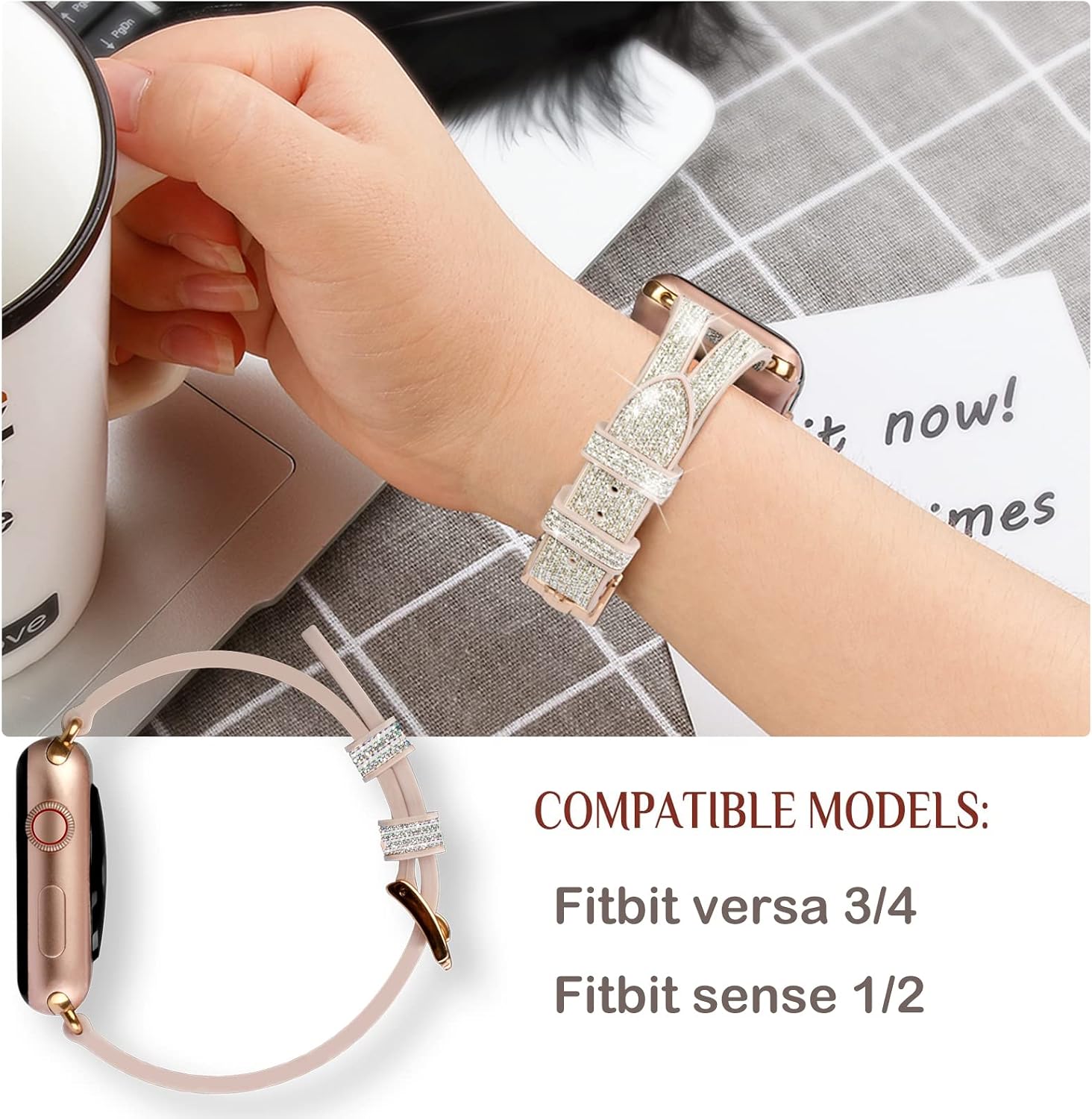 Bling Watch Band,4 Silver,for Fitbit Versa 3/Sense image 5
