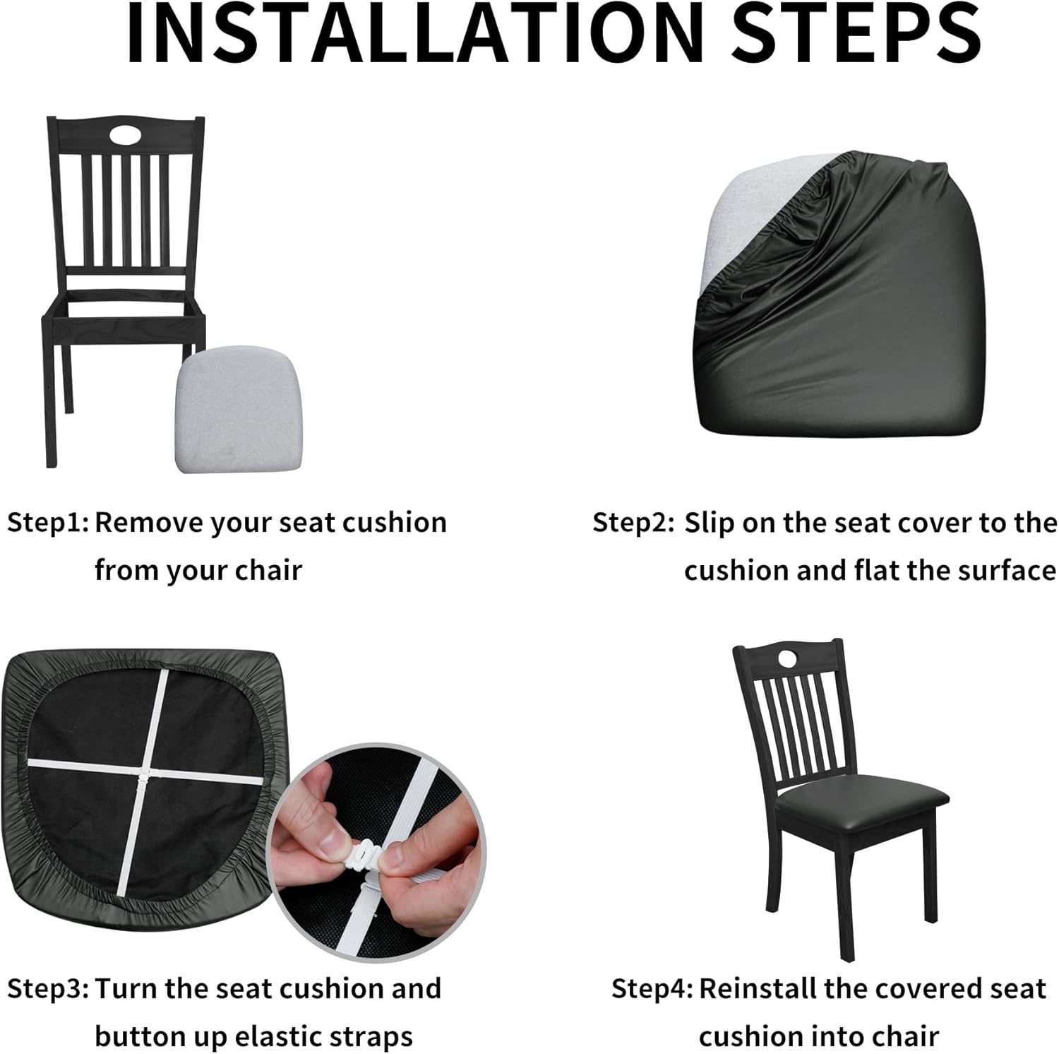 Easy-Going Waterproof PU Leather Seat Covers for Dining Room Chairs Set of 4, Stretch Fit Removable Chair Seat Protector Slipcovers with Elastic Band, Dark Gray