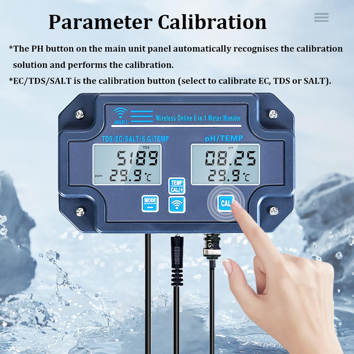 Tester della qualità dell'acqua, misuratore digitale della salinità PH EC SG 6 in 1, monitor WiFi intelligente della qualità dell'acqua con display LCD, rilevatore della qualità dell'acqua per bere