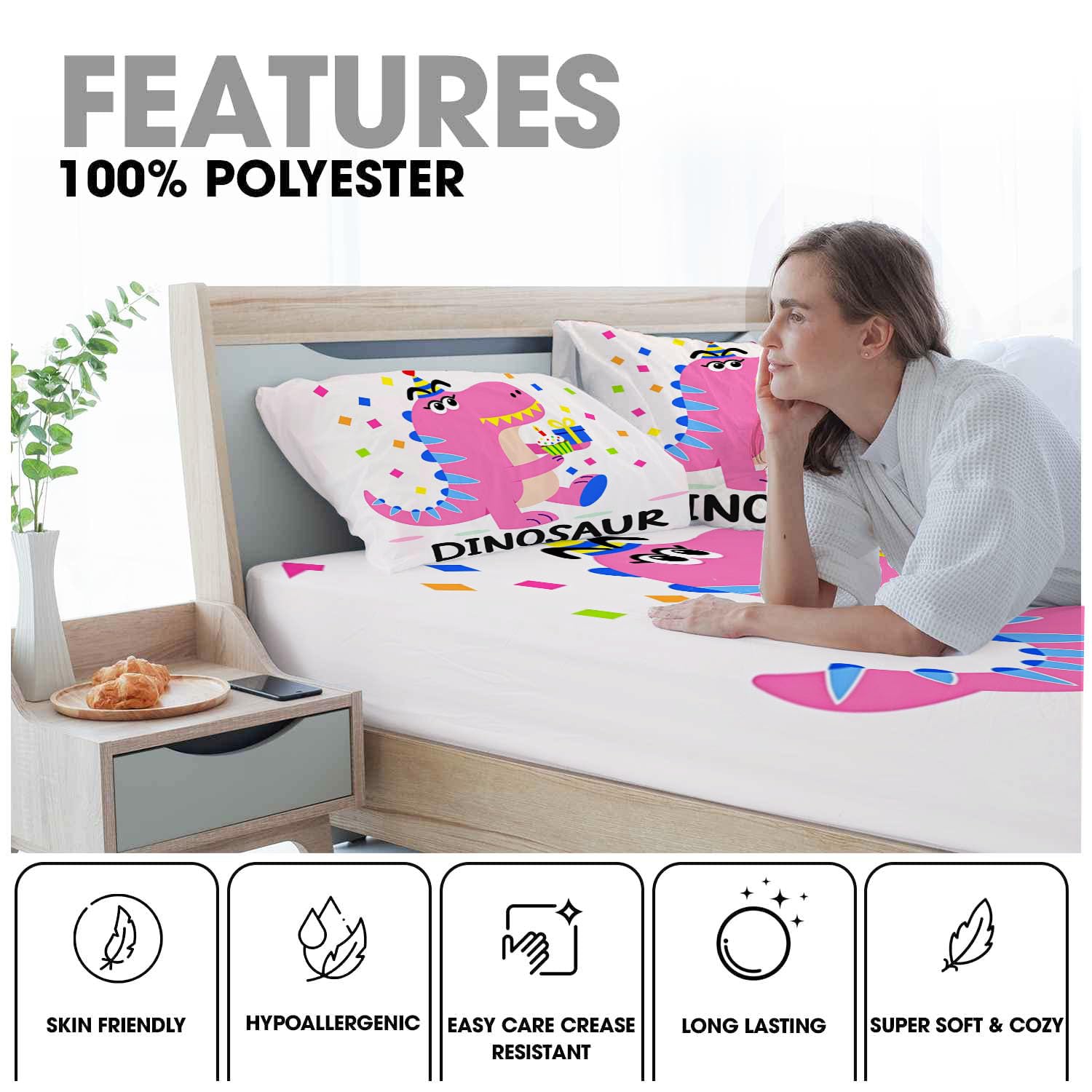 Drap Housse Bonnet 30 Cm, Ajustable Housse Matelas 3 Personne, Drap De Lit Poudre Blush Microfibre, Doux Respirant Machine, Motif De Dinosaure De Dessin Animé (Joyeux Anniversaire, 180X200Cm)