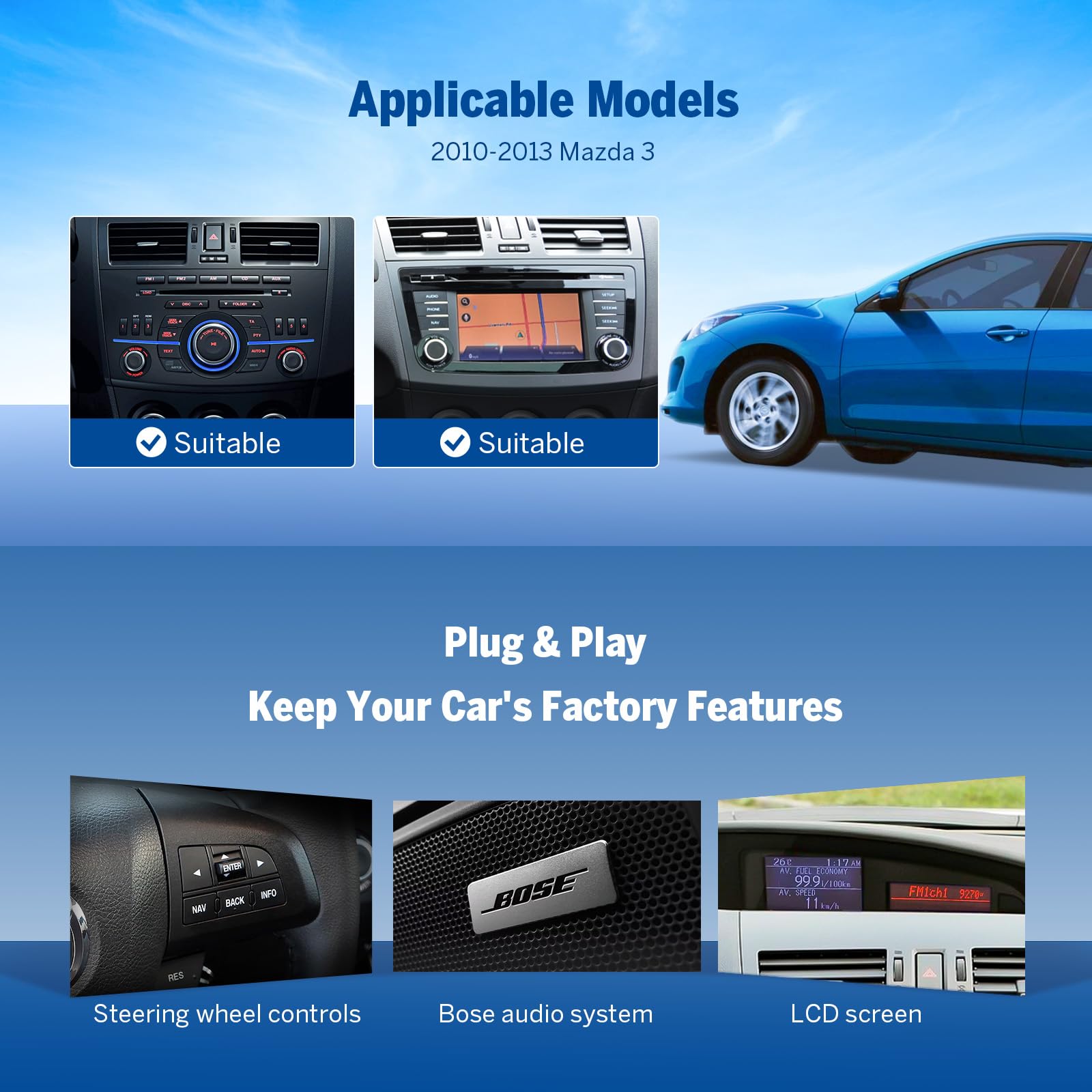 Eonon Car Stereo for Mazda 3 2010-2013, Octa Core 6+64GB,Wireless CarPlay &Android Auto Car Radio, 9