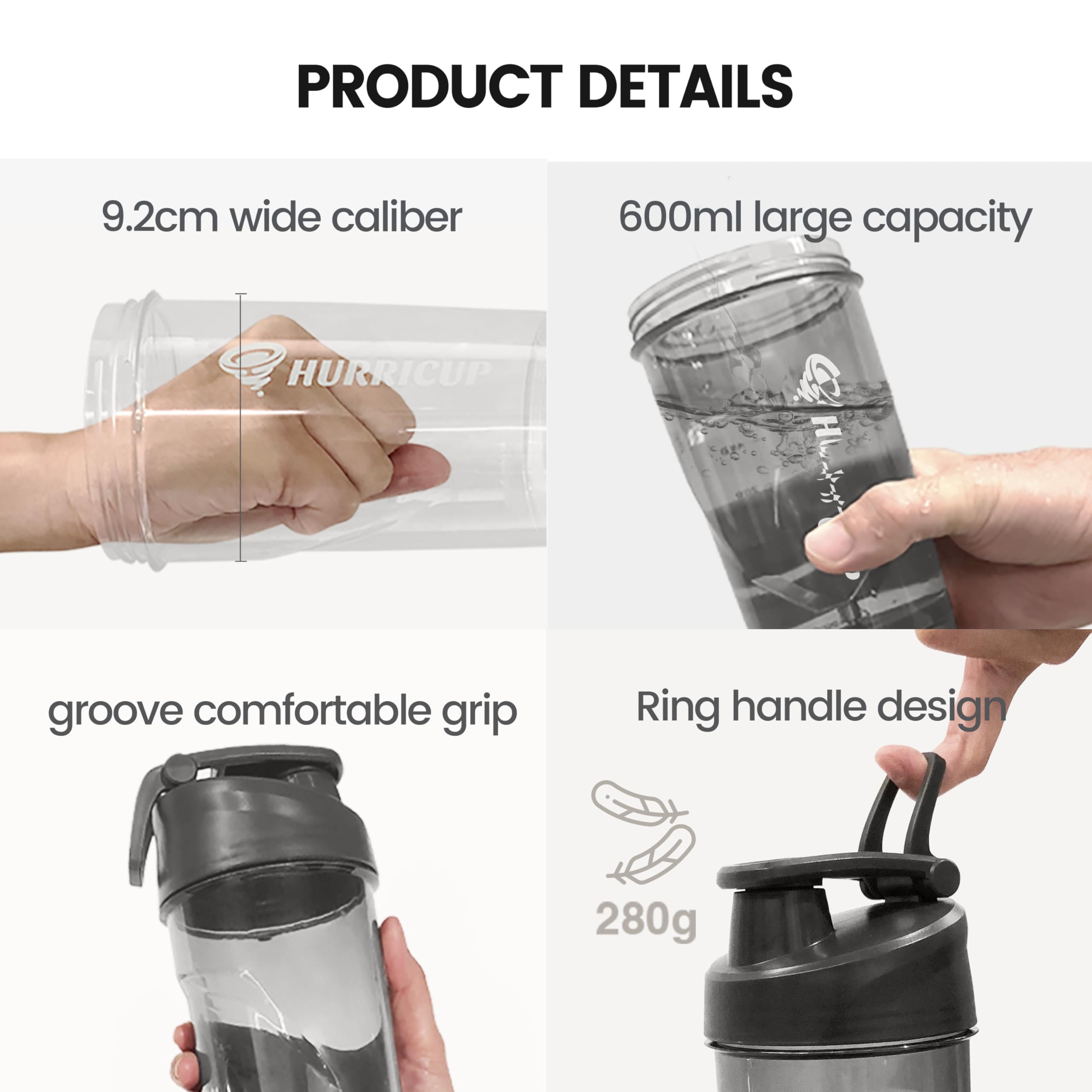 Hurricup Pull & Roll Protein Shaker – 650 ml, szczelna, do mieszanek białkowych i smoothie, bez użycia elektrycznego, ręcznego miksera, bez BPA i cicha praca