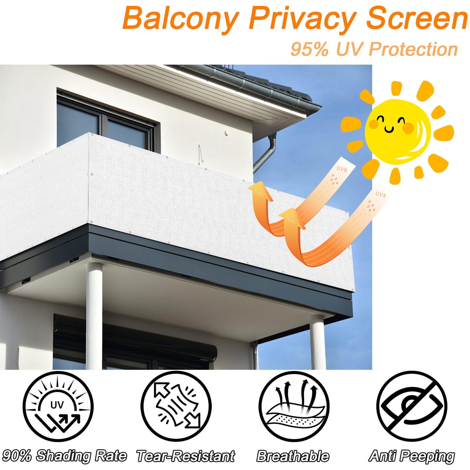 GUOJUN Brise Vue 110 x 280 cm Protection UV Coupe-Vent Respirant Cache Vue Balcon Clôture d'ombrage avec Œillets Blanc