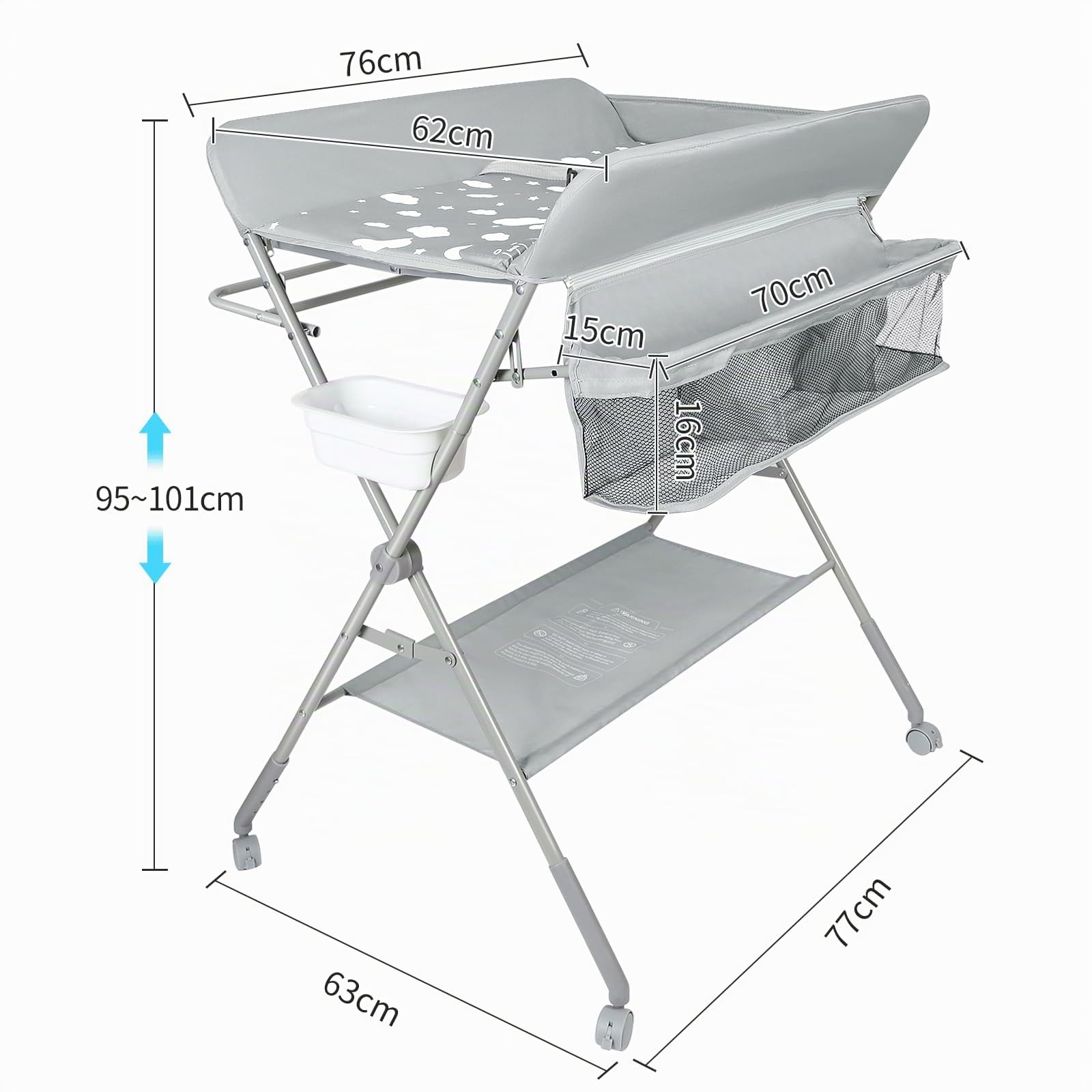 OHMG Cambiador Plegable para Bebé con Ruedas, Móvil con Cinturón de Seguridad y Compartimentos de Almacenamiento, Resistente al Agua y Altura Ajustable, Estable