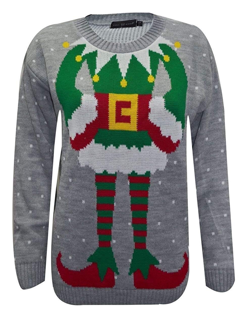 Girlzwalk Women's Grey Santa Novelty Christmas Xmas Elf Knitted Long Sweater Jumper (, Ml/Uk 12-14)
