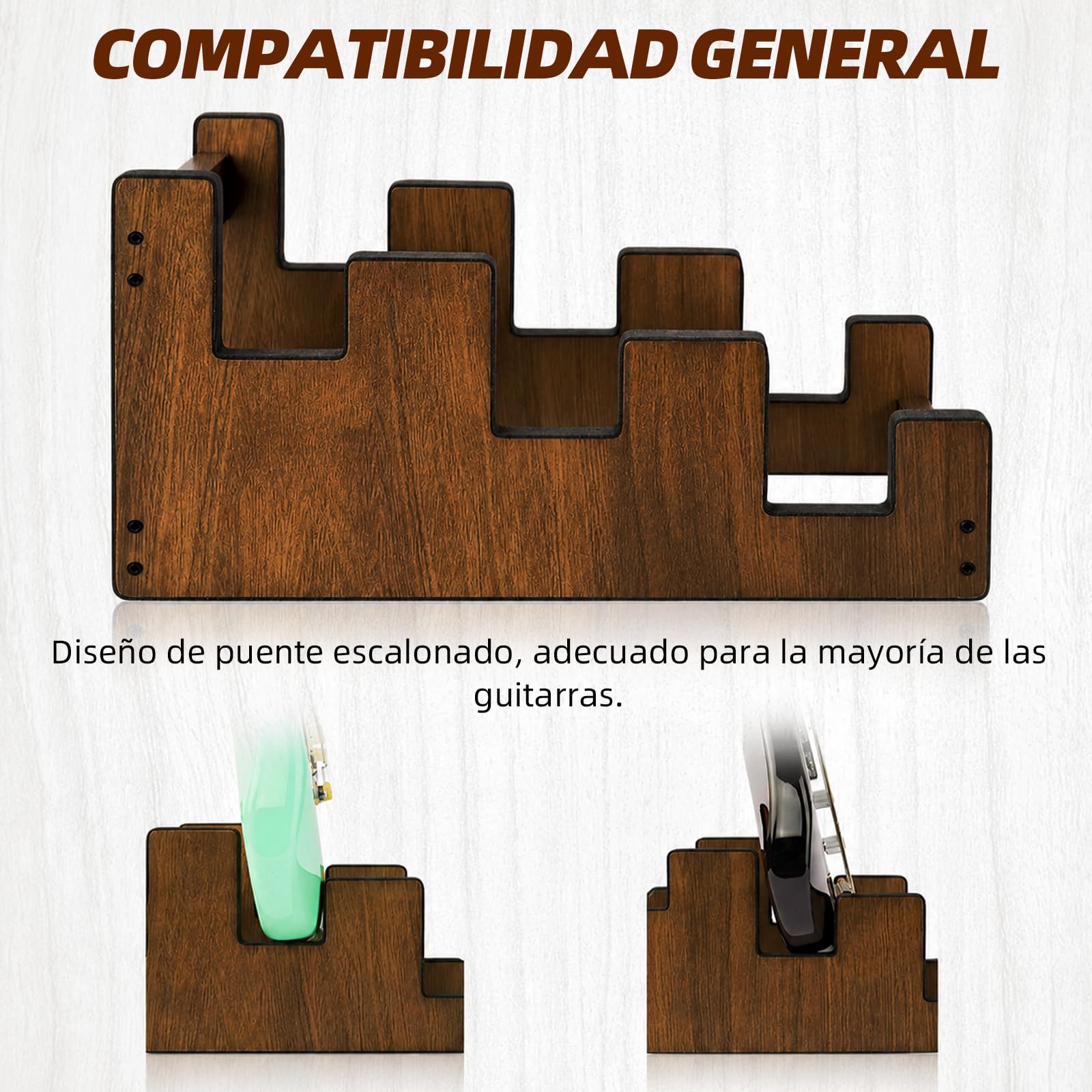 Soporte de guitarra de madera para 3 guitarras eléctricas y bajos | Madera maciza, niveles escalonados, acolchado, antideslizante, ahorra espacio, montaje fácil