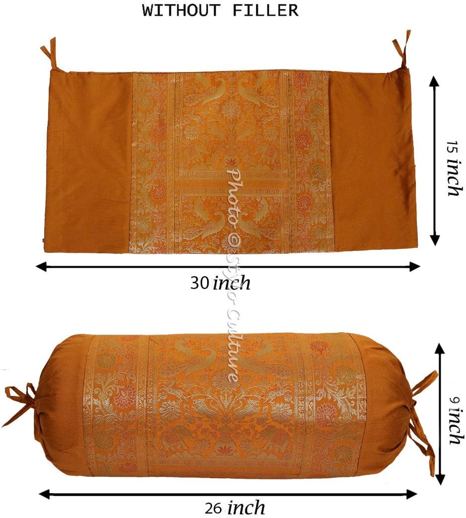Traditional Polydupion Cylindrical Hotdog Pillow Bolster Pillow Covers Brown Elephant Jacquard Brocade Border Large Settee Cylinder Cushion Covers (Set of 2) | 30x15 Inches (76x38 cm)