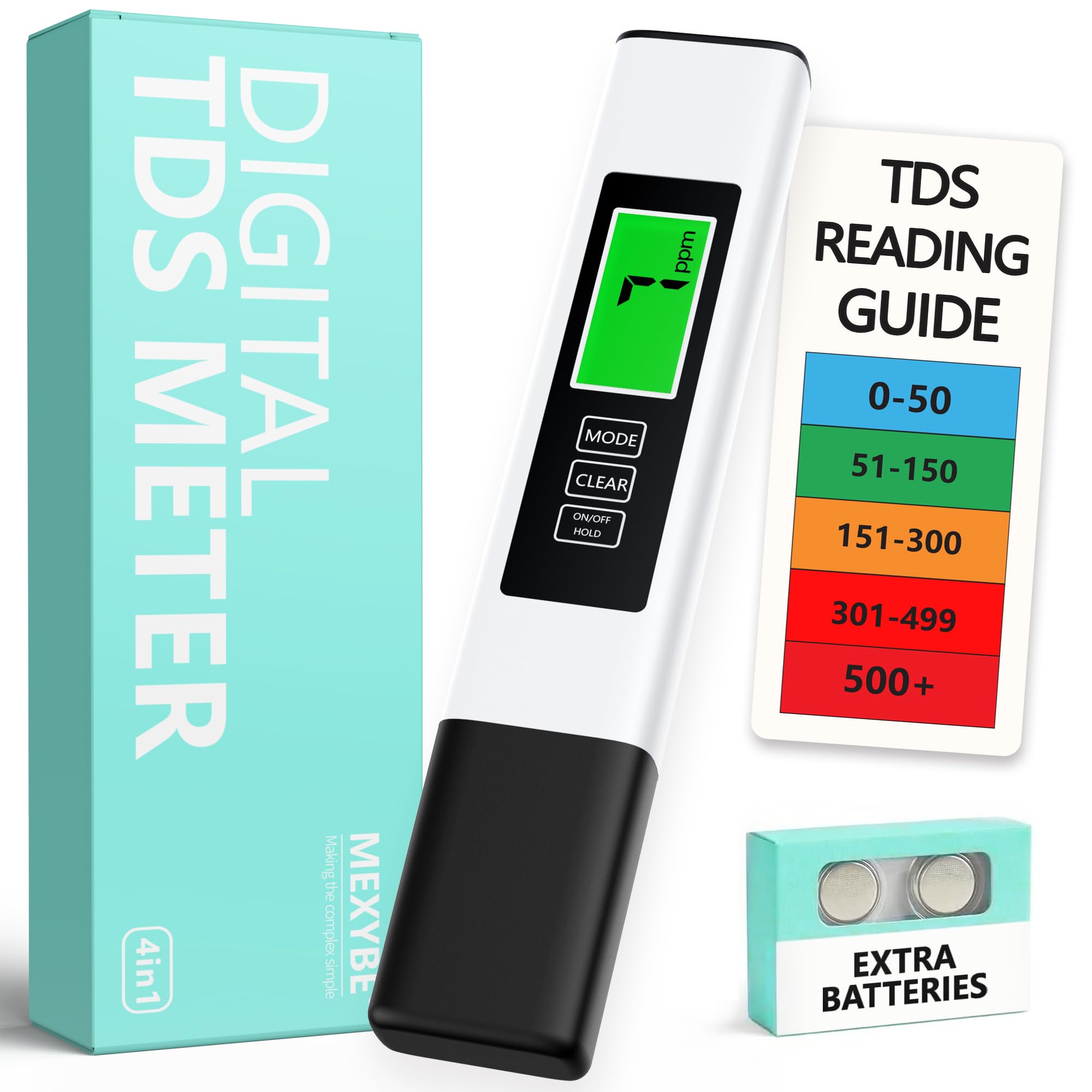 MEXYBE 2024 All-New 4 in 1 Tds Meter Digital Water Tester - Accurate and Reliable TDS EC & Temp(°C,°F) Meter - 0-9990ppm - Professional Testing for Drinking Water, RO/DI System, Aquariums etc