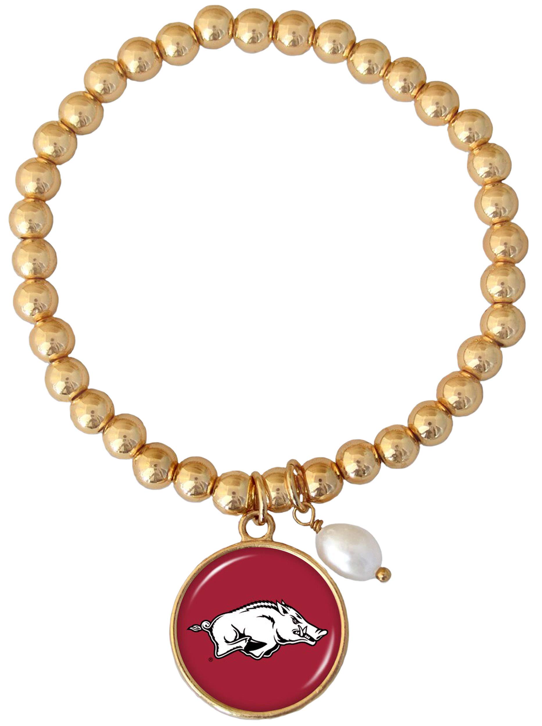 From the Heart Enterprises Arkansas Razorbacks Diana Gold and Pearl Stretch Bead Bracelet Jewelry UA