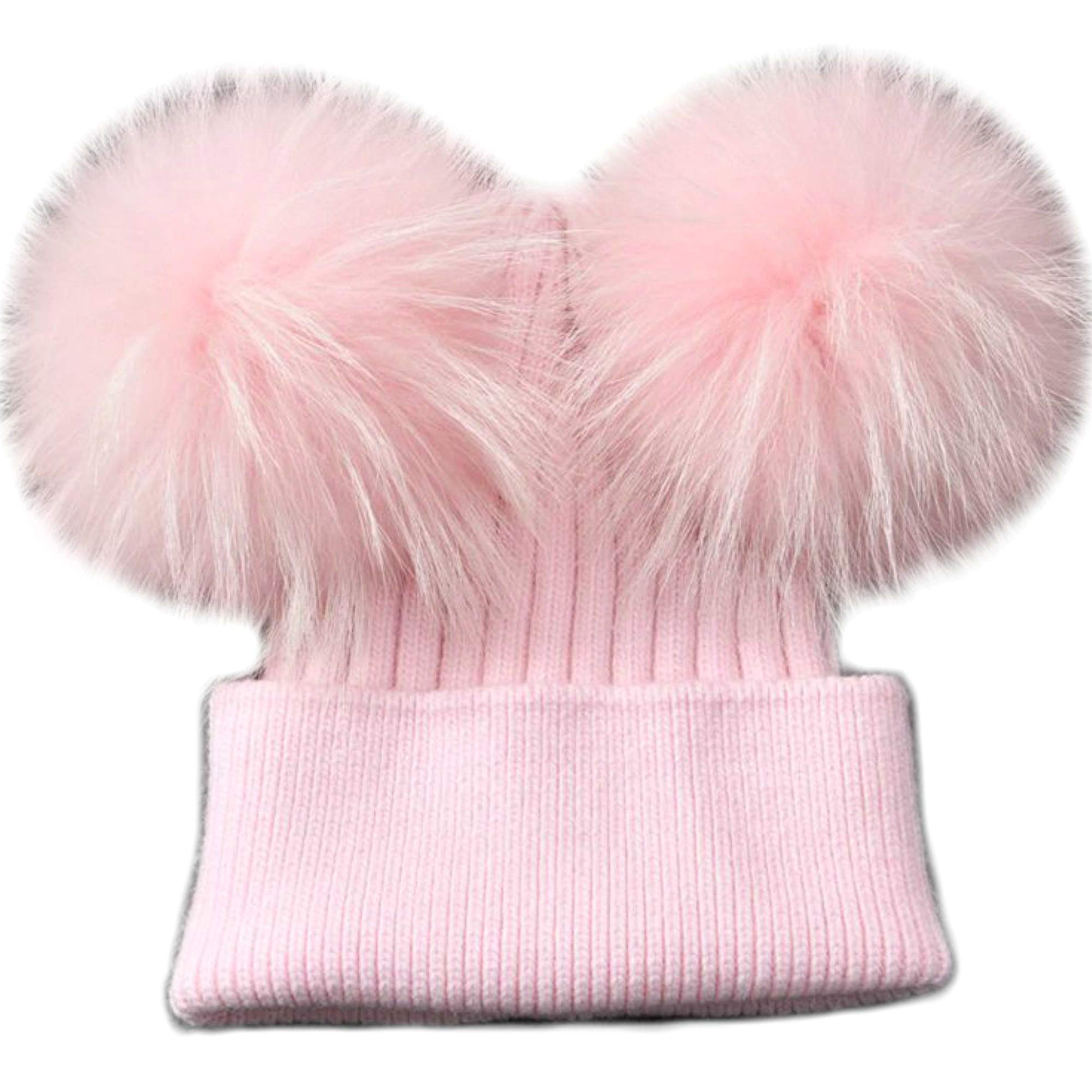 Gorro de cachemira de piel auténtica con doble pompón, para mujer, de invierno, para mujer ROSA PON PON ROSA Talla única
