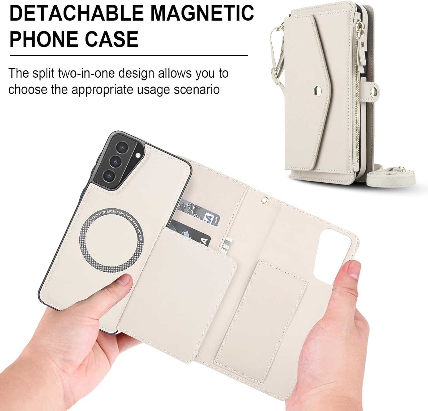 Phone Case for Samsung Galaxy S21 Plus S21+ 5G Wallet Cover Compatible with Magsafe RFID Screen Protector Crossbody Lanyard Strap Flip Card Holder Slot S21+5G S21plus 21S + S 21 21+ G5 Off White