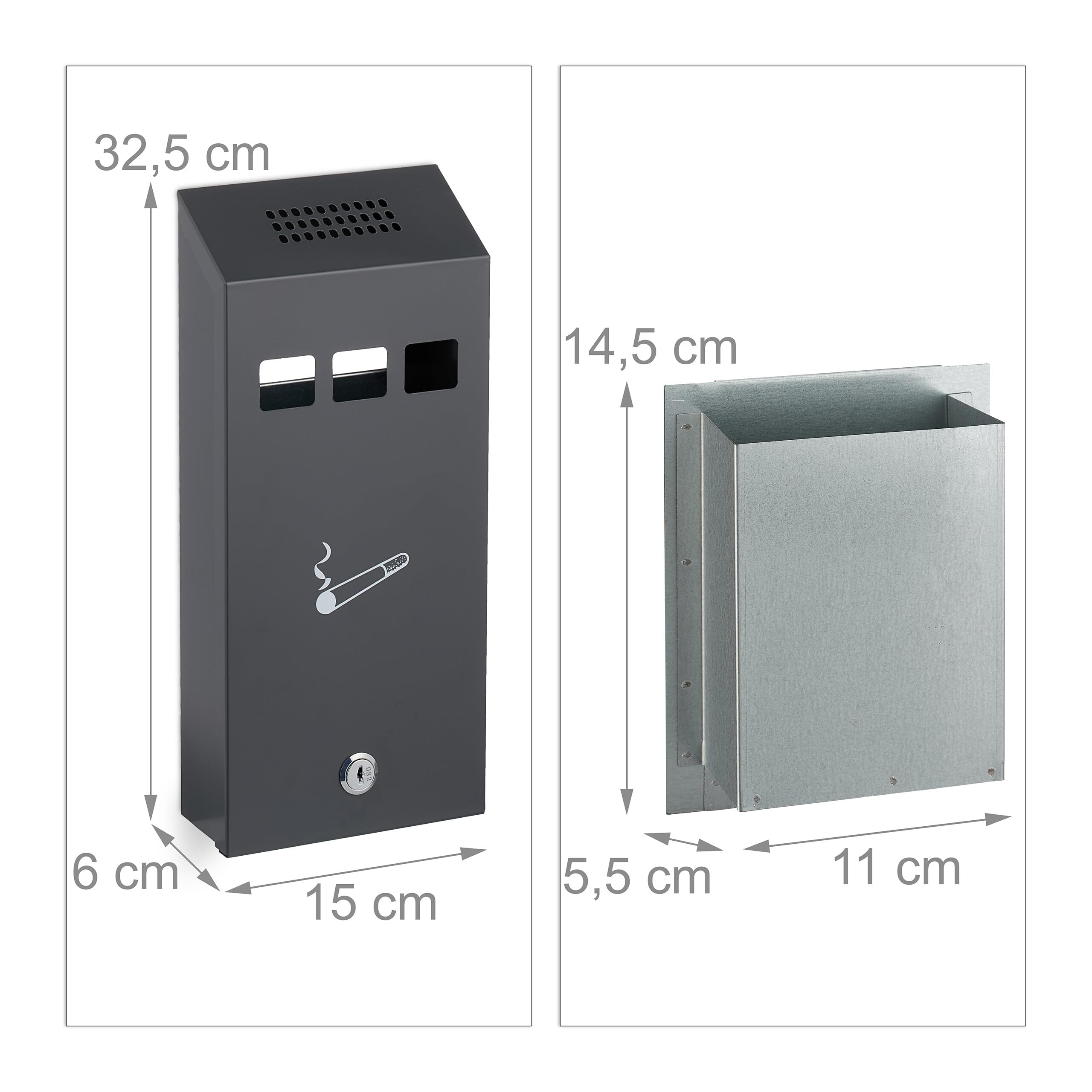 Relaxdays Cenicero Metálico de Pared para Exterior, con Cerradura, Montaje Mural, Medidas: 32,5 x 15 x 6 cm, Antracita
