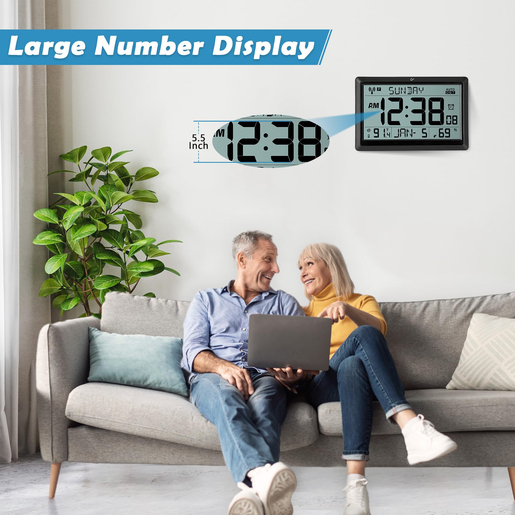 SZELAM Atomic Clock,10.5"Large Display Digital Wall Clock Battery Operated Digital Calendar Auto Setting Desk Clocks With Indoor Temperature Humidity Date Day Auto Dst For Elderly I.1699784855 - View #9