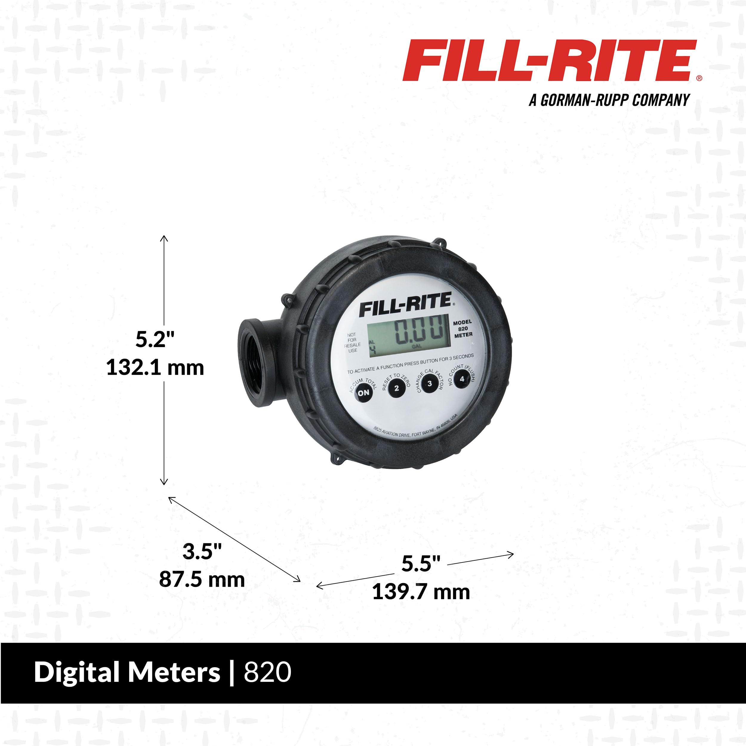 Fill-Rite 820 1" 2-20 GPM(8-76 LPM) Digital Nutating Disc Fuel Transfer Meter For Use With Water, Diesel, and Mild Chemicals