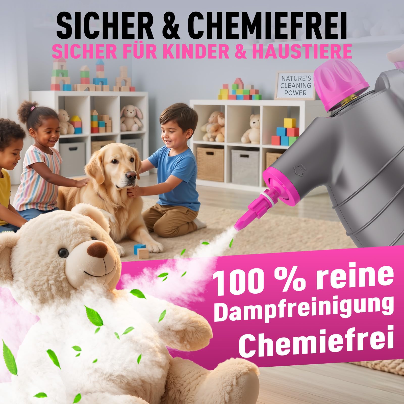 Limpiador a Vapor Portátil 1050W, Vaporeta de Mano con 10 Accesorios, Sin Químicos, 3,5 Bar, 450ML, Vaporeta Limpieza Hogar para Sofa, Tapicerias, Baño, Cristales, Coche, Grasa, Suciedad
