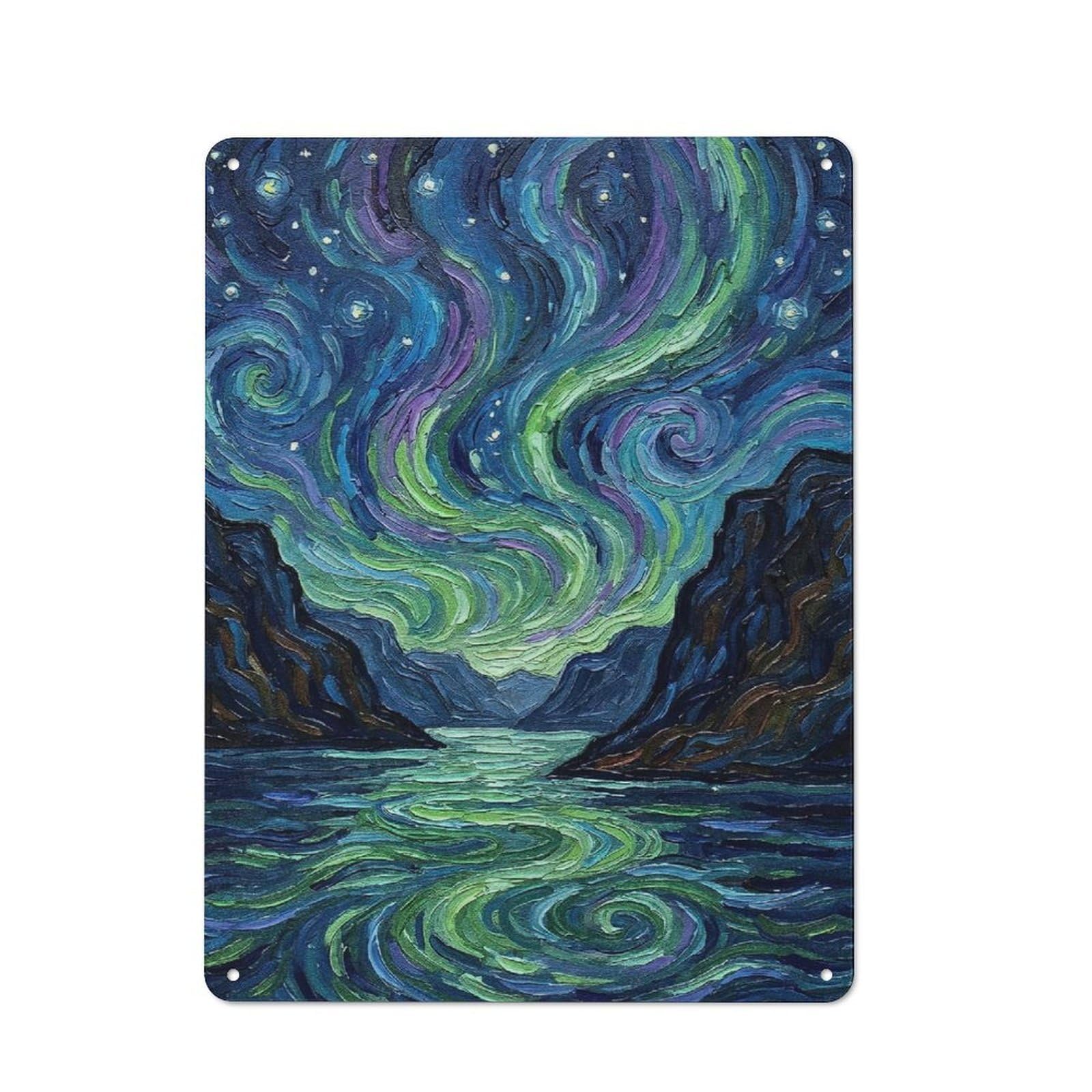 Junmoney Style-20 Aurora Borealis Over Mountains And Water Rustic Tin Sign 40X30cm For Garden Room Or Summerhouse, For An Autumn Wall Display In Garden Room And Summerhouse