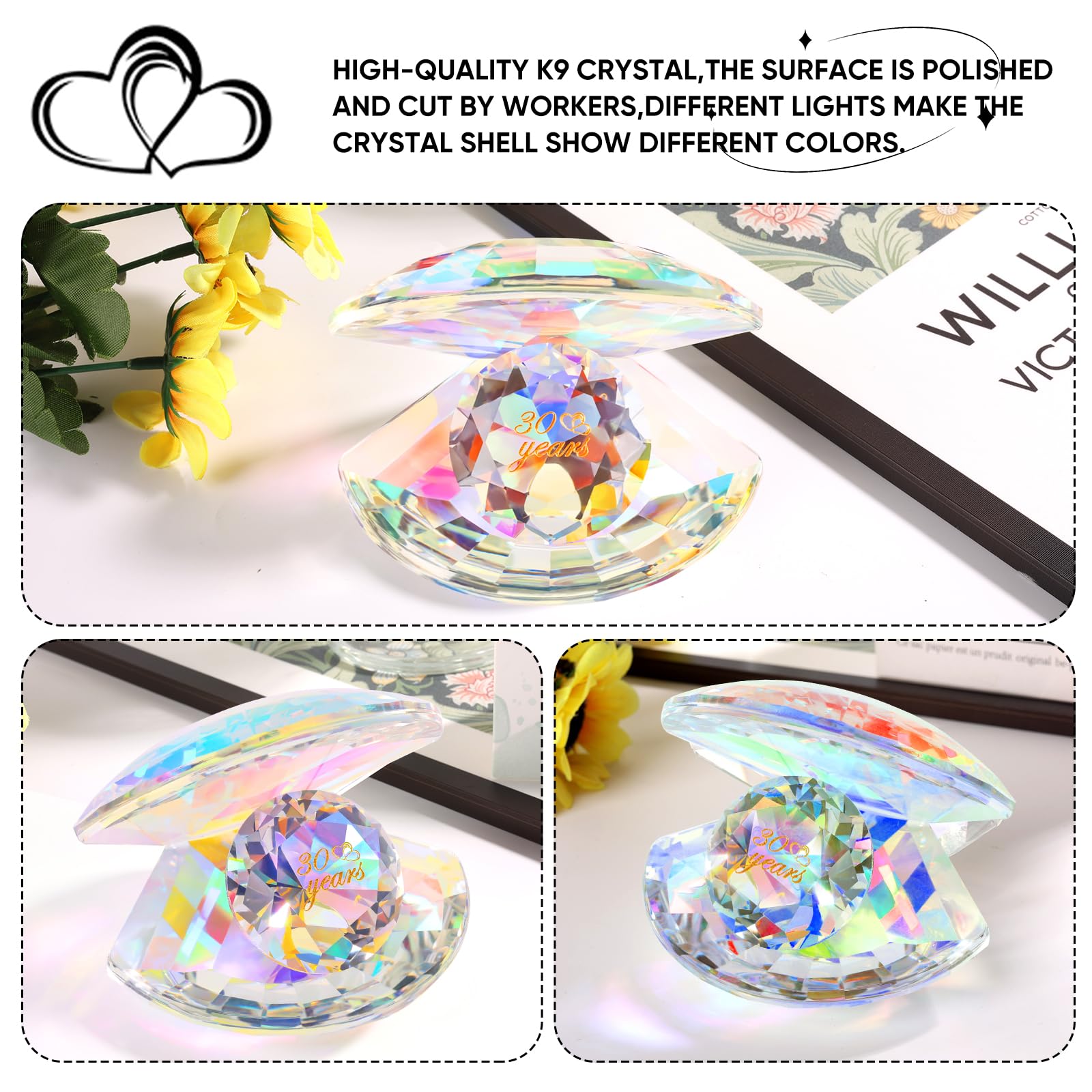 Pkinmonut Pearl Shells Crystal Ornaments 30th Wedding Anniversary Romantic Gifts for Couples 30th wedding Anniversary Presents for Parents glass ornaments with Wooden Heart Plaque and Card - Image 4