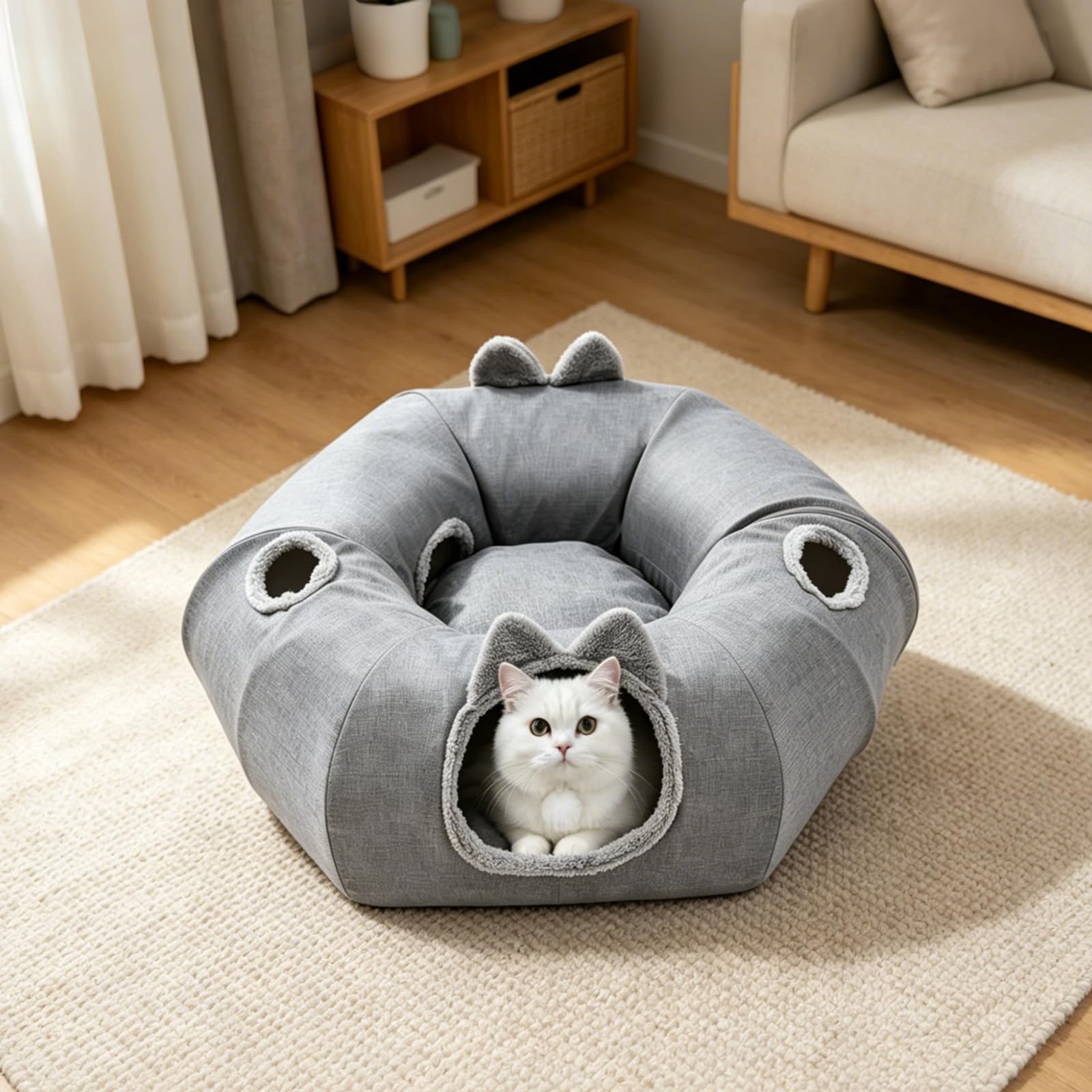 Tunnel per Gatti con Letto,Tunnel a Ciambella in Lino,Tunnel di Gioco Pieghevole in Resistente,per Gatti,Gattini,Conigli,Cuccioli