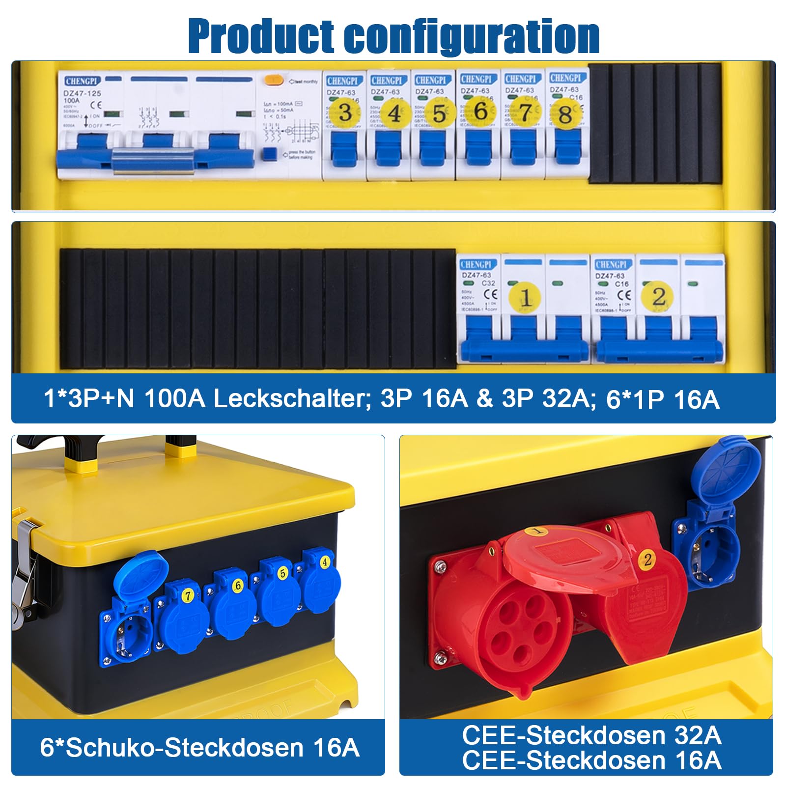 Distribuidor de Corriente para construcción, 30 módulos con Interruptor de protección, IP54, Resistente al Agua, Caja de Enchufe portátil con IP54, 230 V/16 A, Enchufe Schuko, IP44