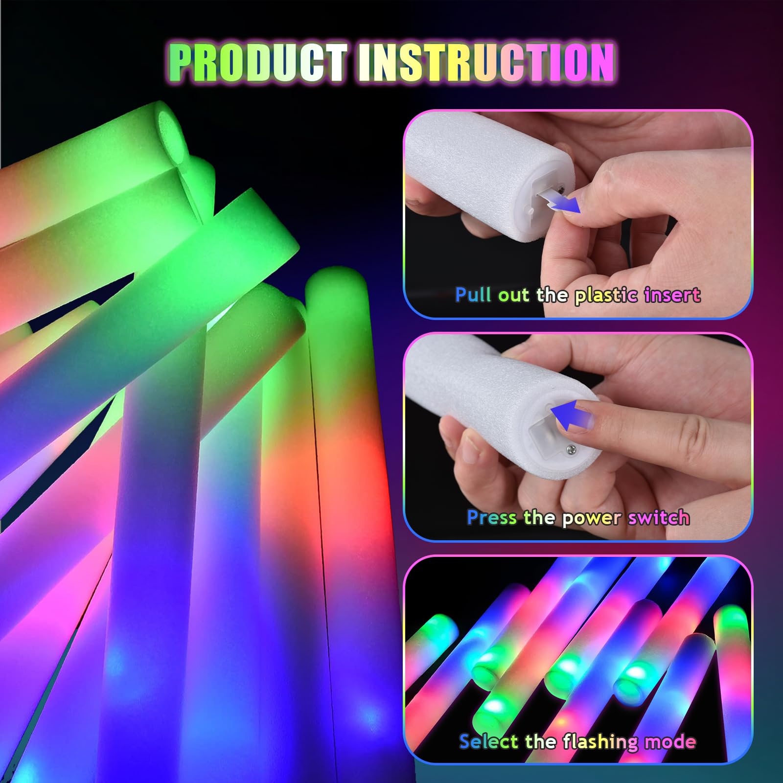 110 varillas luminosas LED, varillas de espuma con 3 modos intermitentes para suministros de fiesta que brillan en la oscuridad, palos de espuma para cumpleaños, raves, camping al aire libre