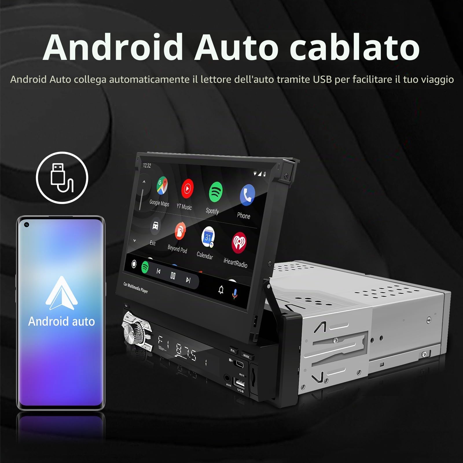 Autoradio Bluetooth 1 Din con Carplay Android Auto schermo da 7 pollici | 7 Pollici Retrattile manual Touchscreen Supporta Bluetooth Vivavoce/FM Radio RDS/Mirror Link/USB/EQ Controllo al Volante