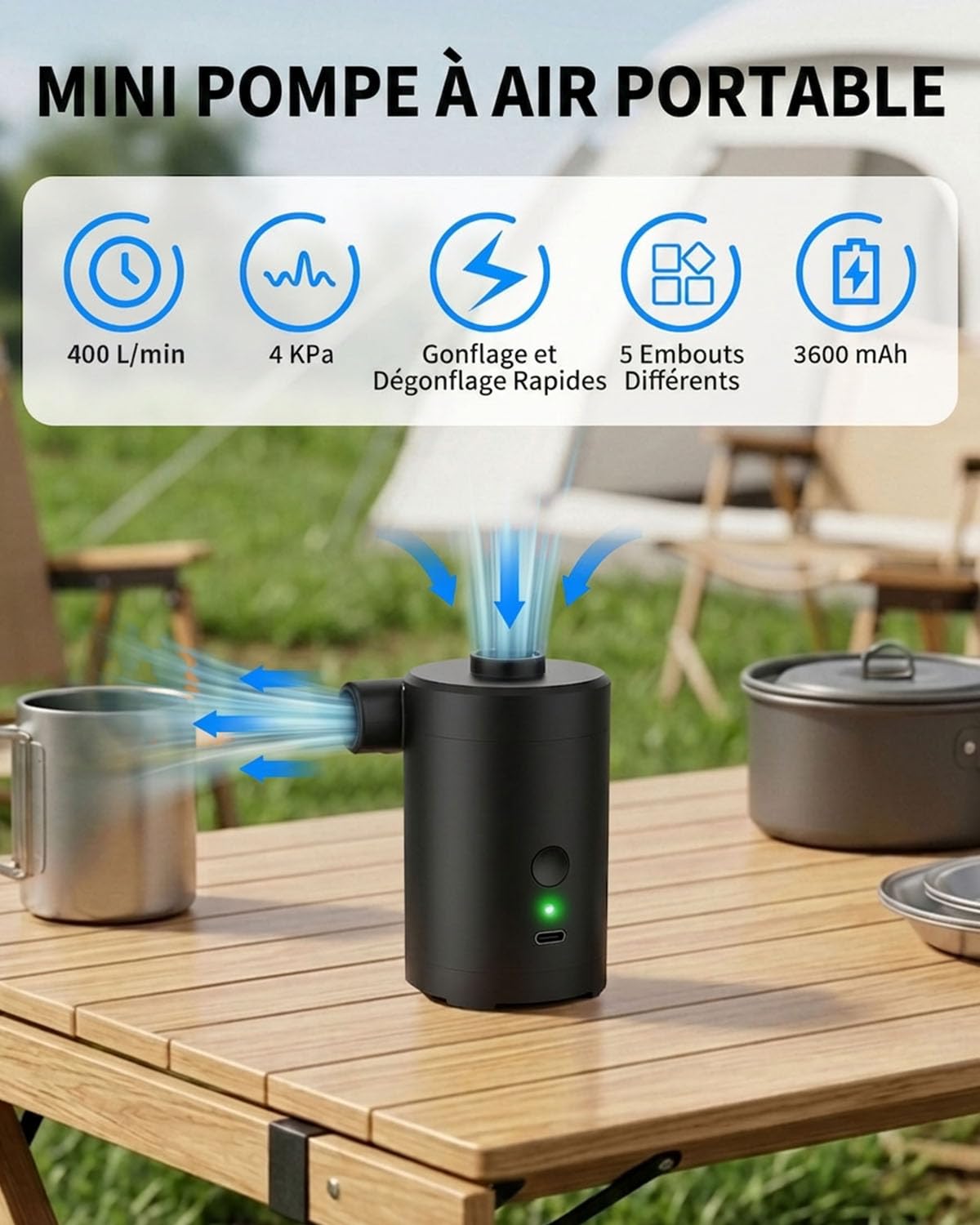 Elektrische Luftpumpe für Luftmatratze,3600mAh Akku Wiederaufladbar,Schnelles Auf- und Abpumpen,mit 5 Düsen für Schwimmbecken, Luftmatratzen, Camping & Reisen