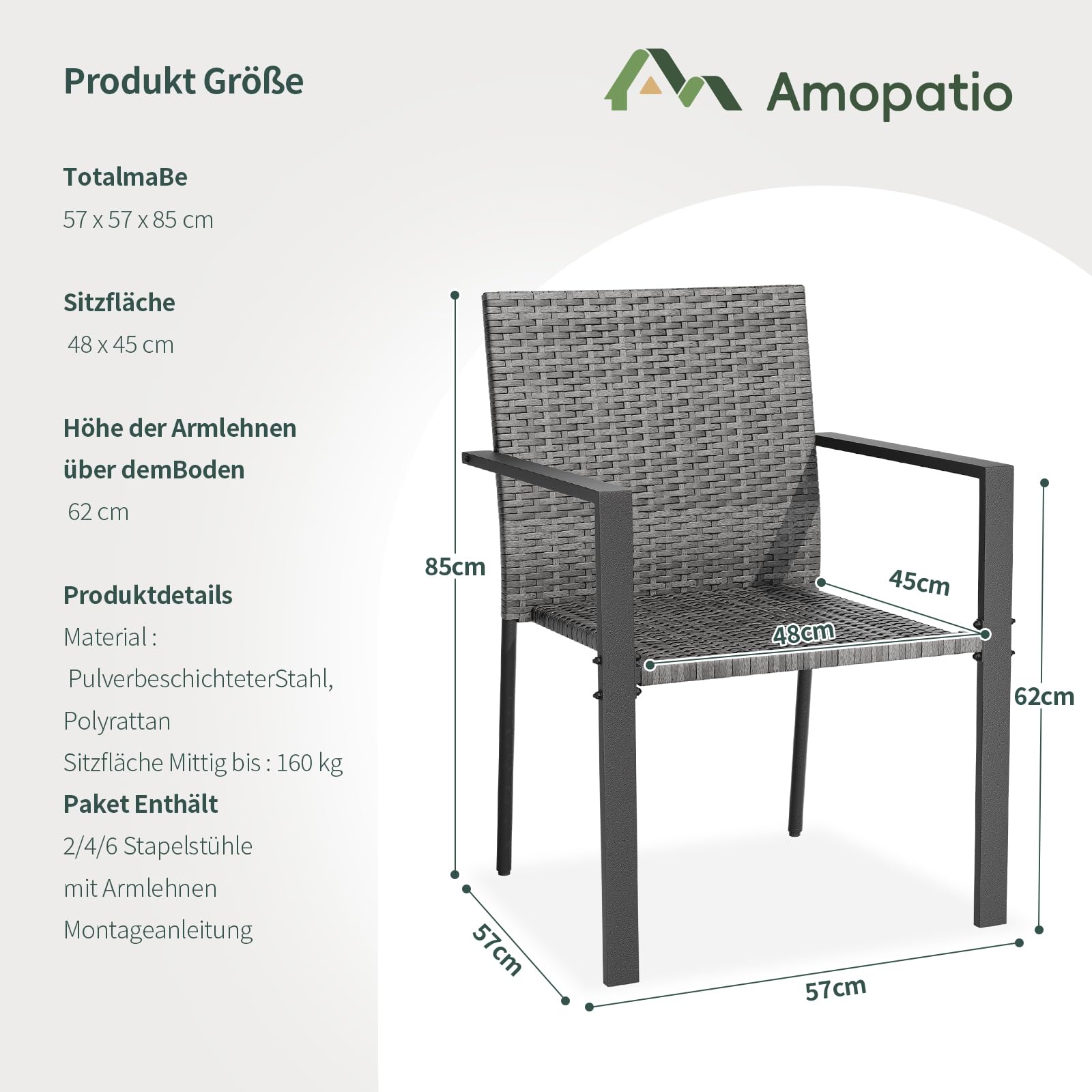 Amopatio Gartenstühle Stapelbar 6er Set, Polyrattan Stapelstuhl Garten mit Armlehnen, Stabiler Stahlrahmen, Wetterfest Rattansessel - Rattan Balkonstühle für Balkon, Terrasse, Grau