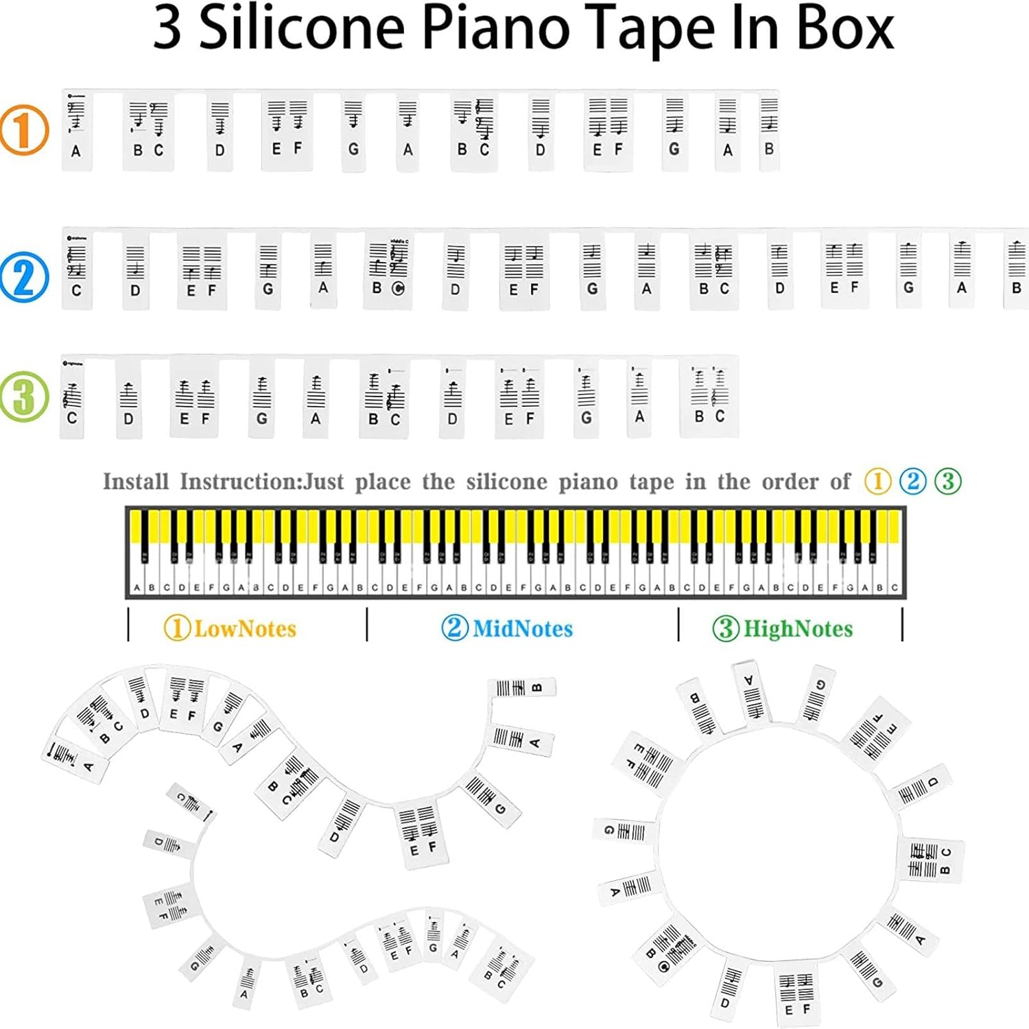 Piano Keyboard Stickers, Silicone Full Size 88 Keys Piano Notes Guide Piano Keyboard Guide For Beginner With Fingertips (Color : Black)
