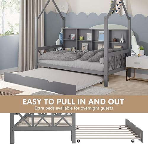 Miniatura 24 de Cama individual con cama nido y techo para niños, marco de cama de madera tamaño individual con estantes de almacenamiento, barandillas de madera,