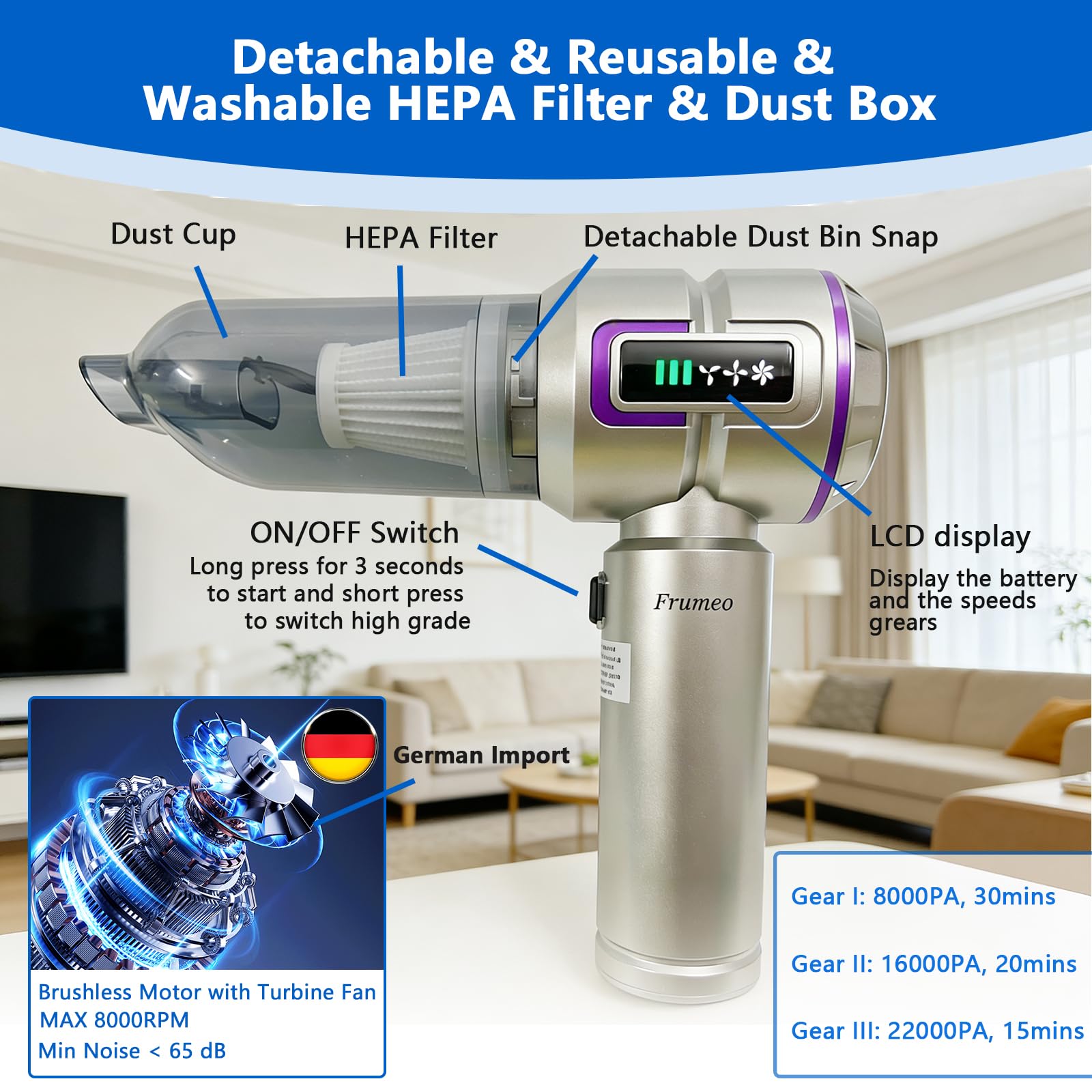 Frumeo 7-in-1 Powerful Car Vacuum Cleaner Cordless, 22000PA Mini Handheld Vacuum with LED Display, 3 Modes, Brushless Motor Portable Duster Blower Pump Hand Vacuum for Car, Home, Office - 3