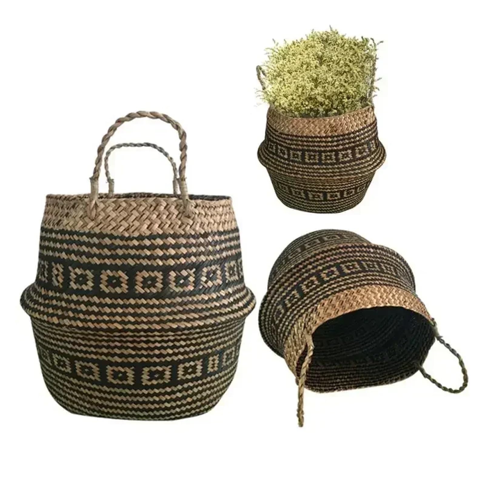 Pots de Fleurs Tressés Panier pliable tissé à la main en rotin, 3 pièces, panier à fleurs tissé en jonc de mer, panier de rangement for vêtements, décoration de la maison, panier à fleurs(Primary colo