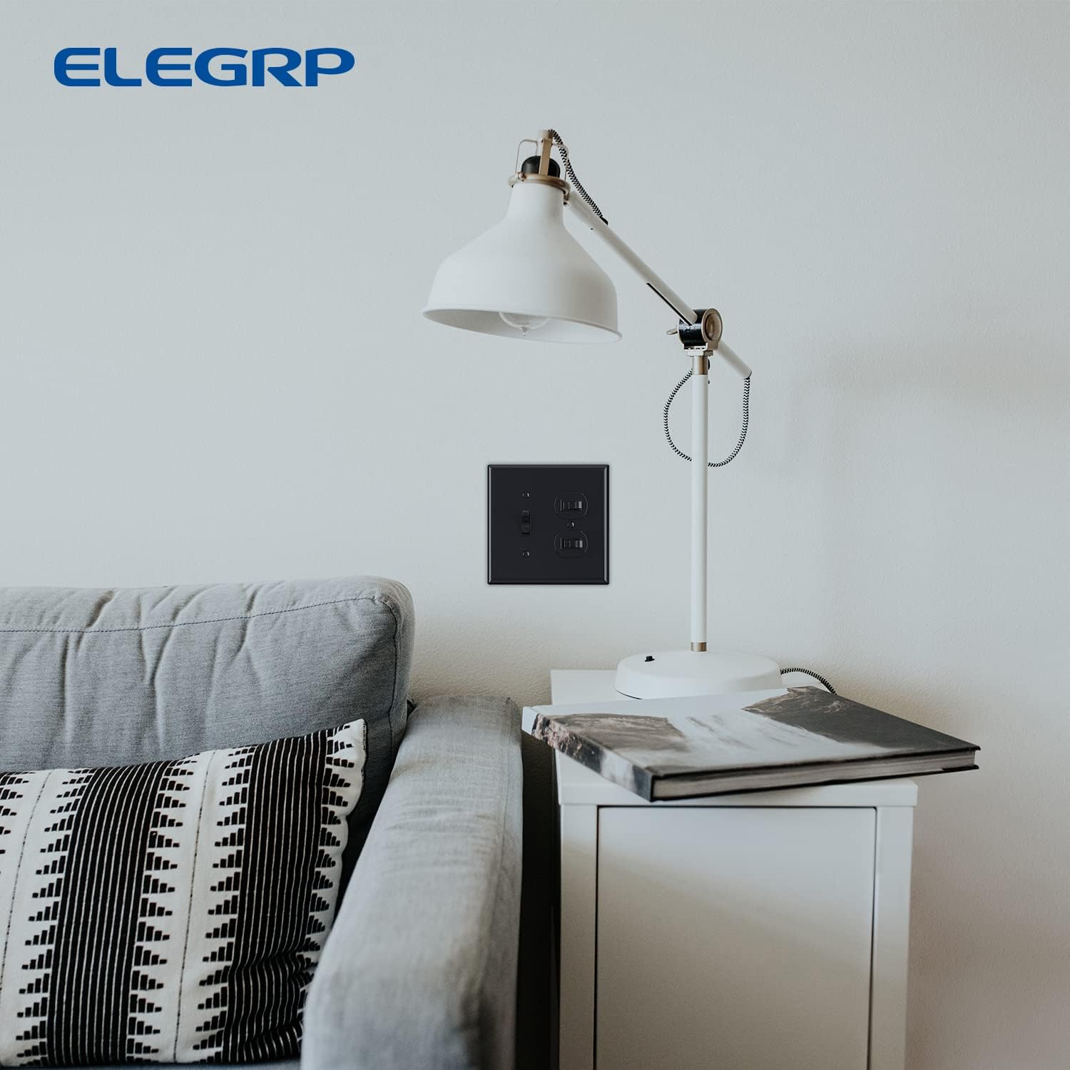 Combination Wall Plate ELEGRP 1-Toggle Light Switch 1-Duplex Receptacle Outlet Combination Wall Plate Cover, Mid-Size 4.88" x 4.94" Unbreakable Thermoplastic Faceplate Cover, UL Listed (1 Pack, black)