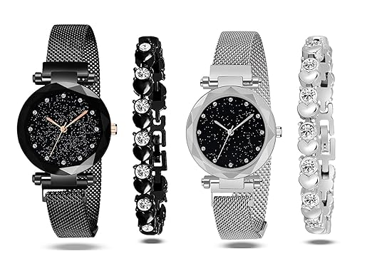 K Vajir Attractive Analogue Black Silver Rose Gold Magnet Belt Watch with Bracelet Combo for Girl | Special for Festival Session Wear Or Gift Watch for Woman and Girls