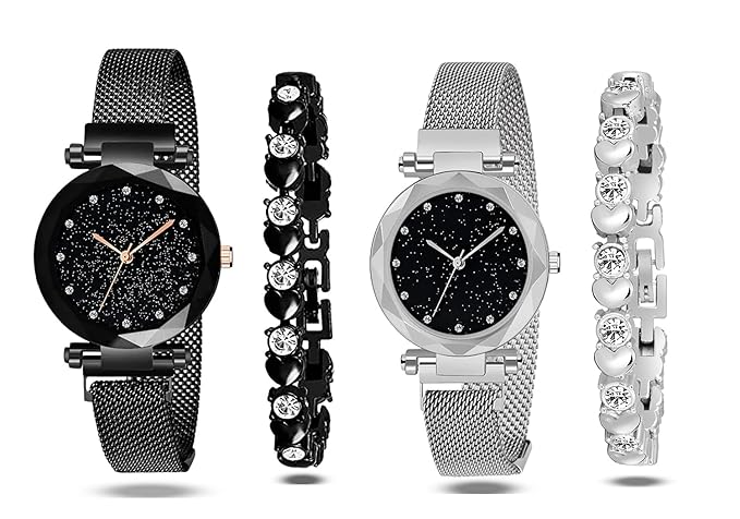 Attractive Analogue Magnet Mesh Black and Silver Belt Watch for Girls & Women | Stylish Gift for Girls and Woman Watch |