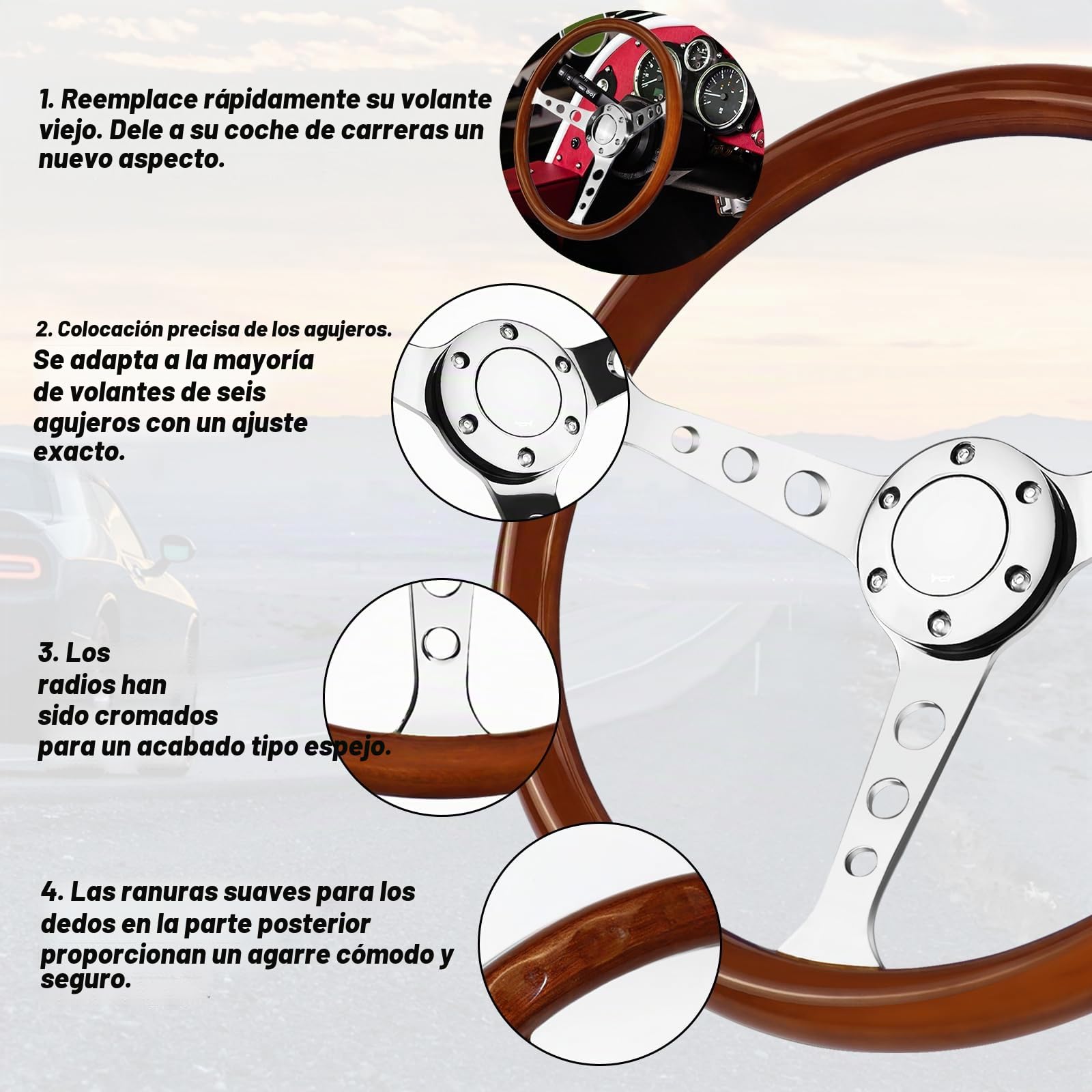 Universal Racing/Golf Cart - Volante de madera, 15 pulgadas, 6 pernos, grano de madera, estilo clásico vintage nostálgico con botones de claxon
