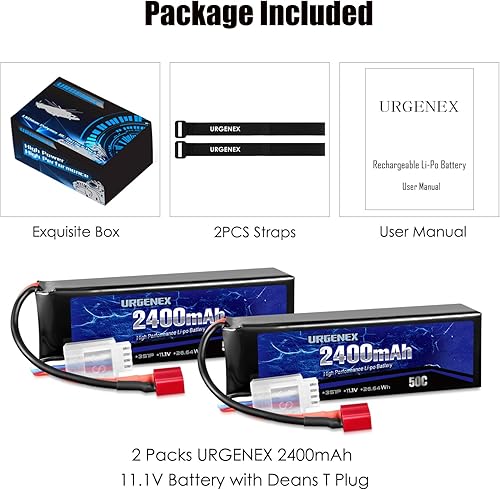 Miniatura 7 de URGENEX Batería Lipo de 11.1 V 2400 mAh 50C de alta tasa de descarga 3S RC Baterías con Deans T Plug Fit para avión RC, FPV Drone, UAV Quadcopter y