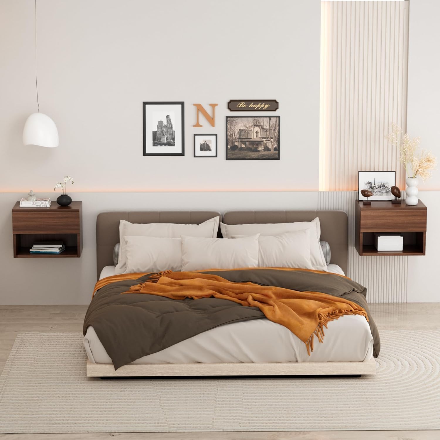 Floating Nightstand, Modern Wall Mounted Bedside Table with Drawer, Wood Bedside Shelf & Desk, End Table Wood Modern Night Stand for Bedroom (Walnut UI1, Set of 2)