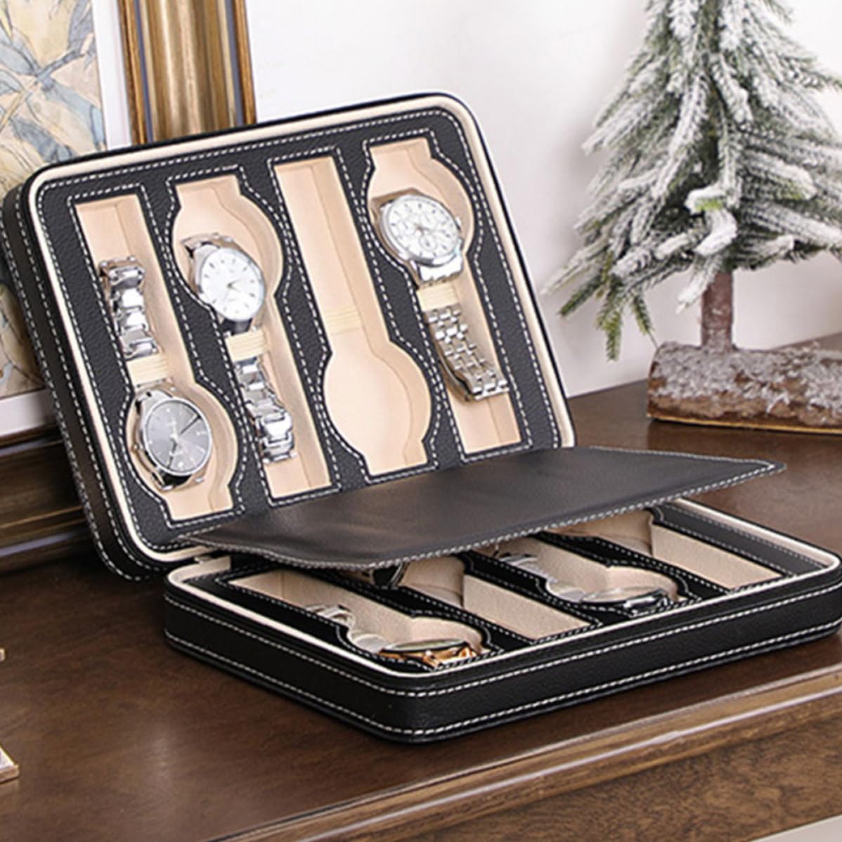 EXCEART Bolsa de Reloj 8 Ranuras, Cuero y Tejido, Portátil Negro