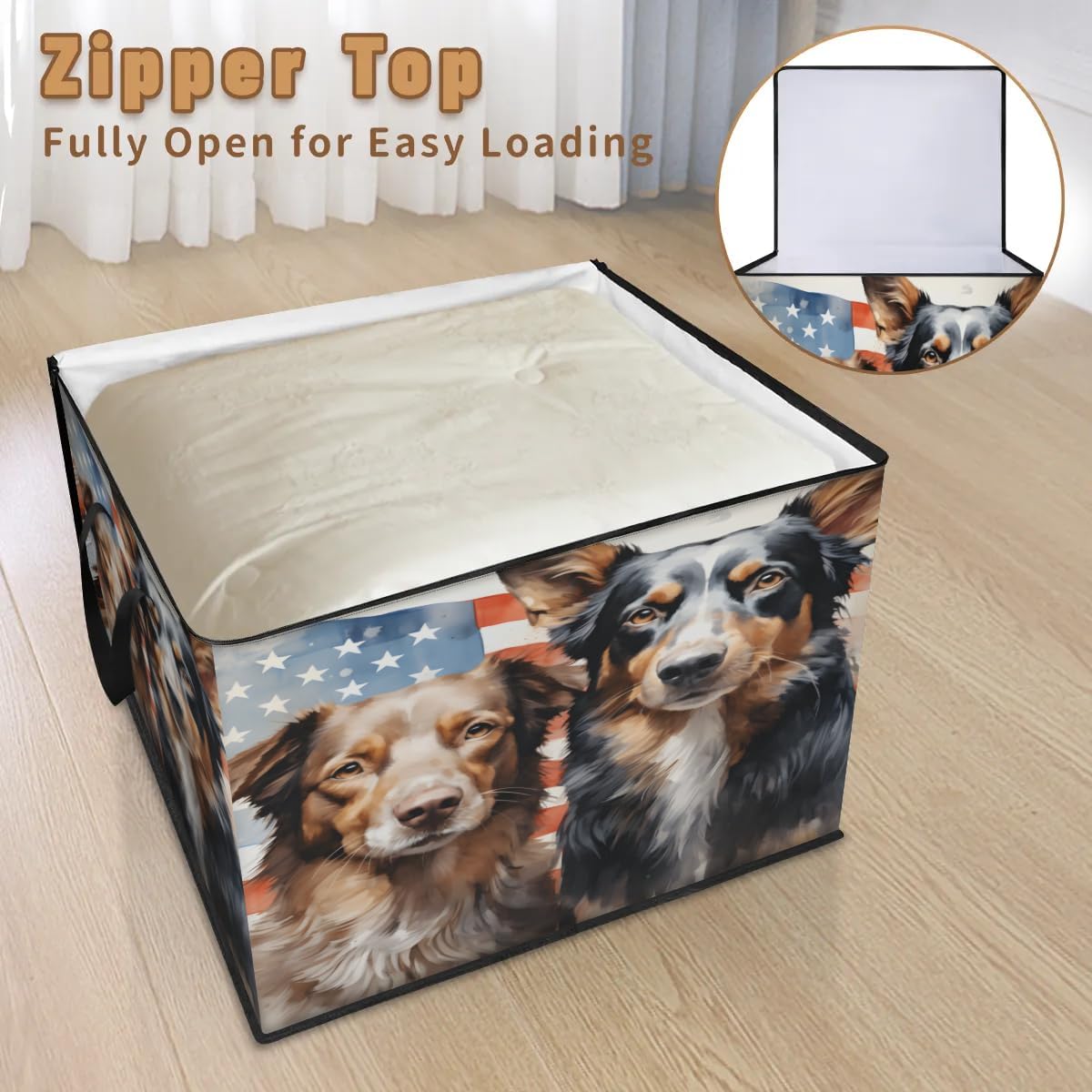 Honeybaby 214L Extra Large Comforter Storage Bag Stripes Stars Dogs Storage Totes with Lids Waterproof Closet Organizer Folding Blanket Storage Bags for Clothes Bedding Pillows