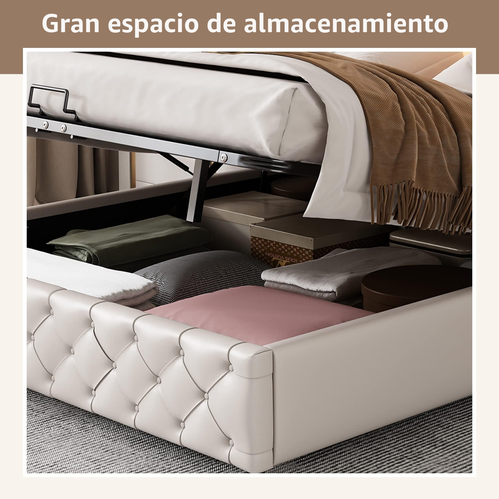 Cama hidráulica de 180 x 200 cm, Cama de Matrimonio con somier y Espacio de Almacenamiento, Incluye Barra de iluminación LED (Blanco, 180 x 200cm)