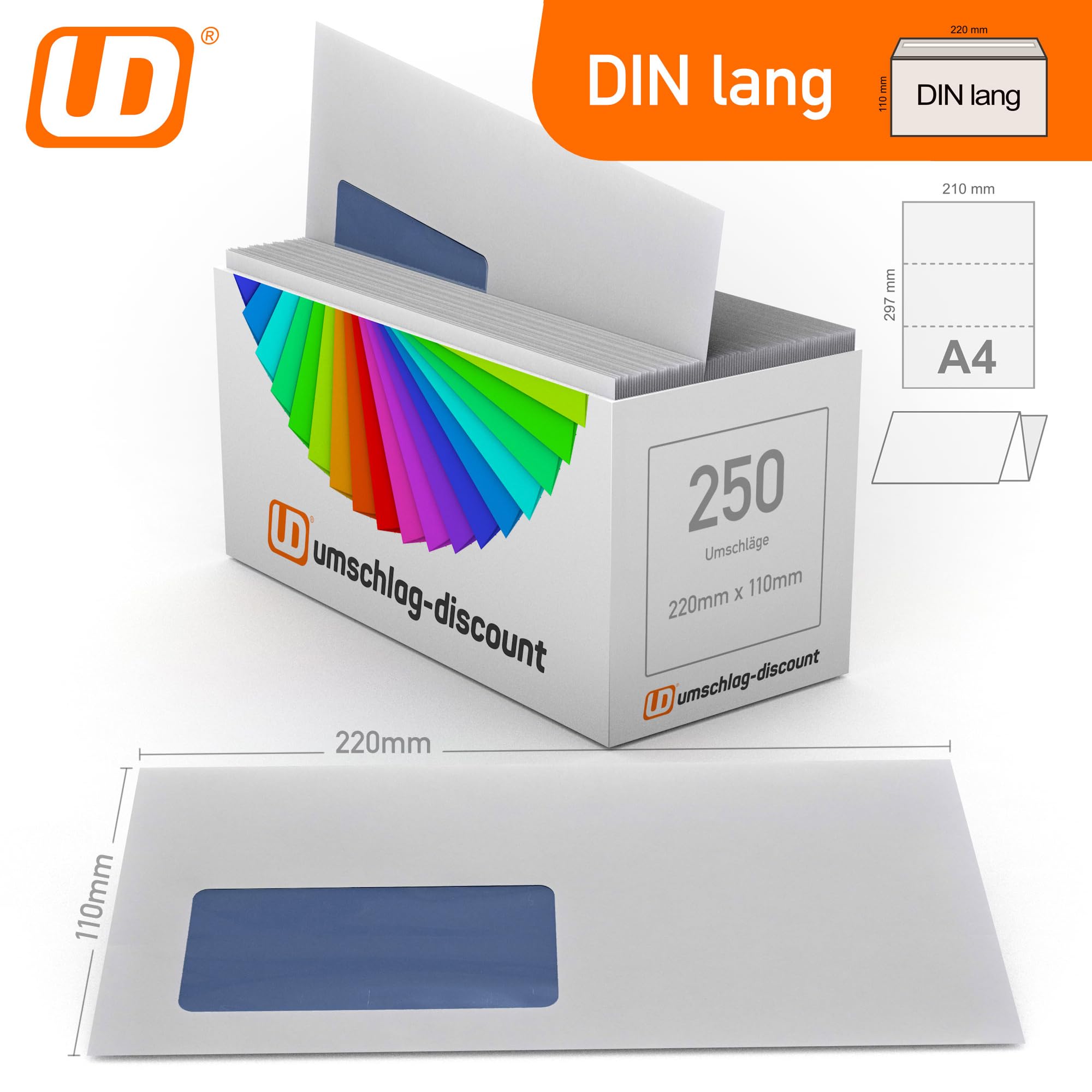 250 Enveloppes avec fenêtre DIN long = 220 x 110 mm, avec laser imprimable, hitzefestes Film Fenêtre, enveloppes d'affaires, fenêtre Enveloppes avec bande adhésive