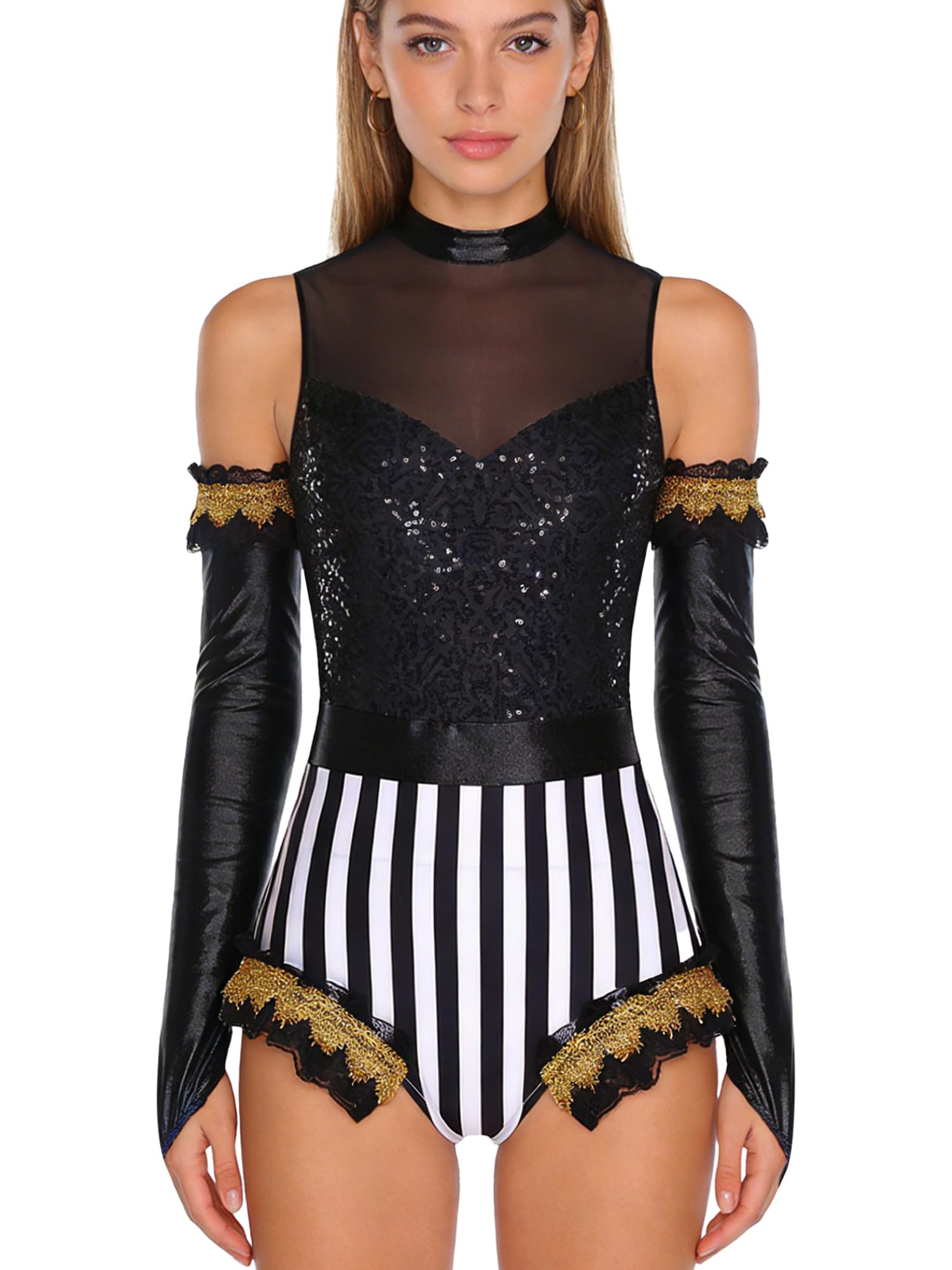 Xnihocha Womens Shiny Sequin Circus Costume Striped Ringmaster Leotard with Gloves Fancy Dress Party Dancewear Black M