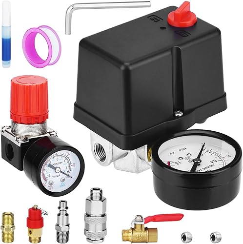 Miniatura 10 de Válvula de control universal del interruptor de presión del compresor de aire (90-120 PSI, 110V-240V) con regulador de 0-180 PSI y válvula de alivio