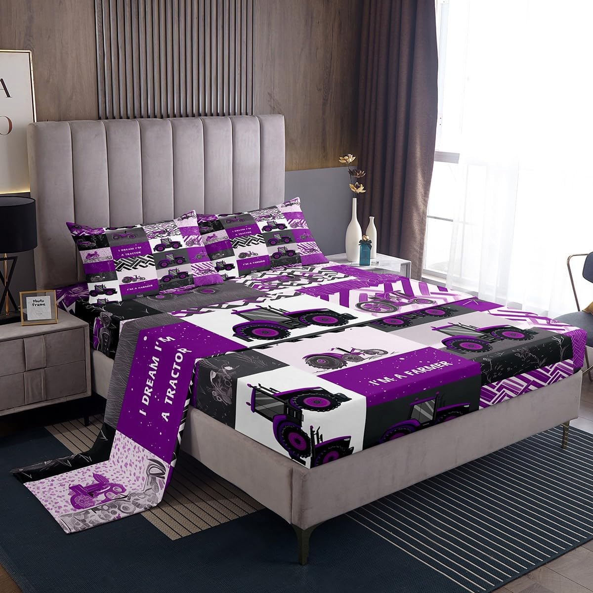 Erosebridal Purple Tractor Bed Sheets Set Farmhouse Truck Car Sheet Set Full Cartoon Equipment Harvester Sheets Machinery Construction Vehicle Flat Fitted Sheet Soft Breathable Bedroom Decor