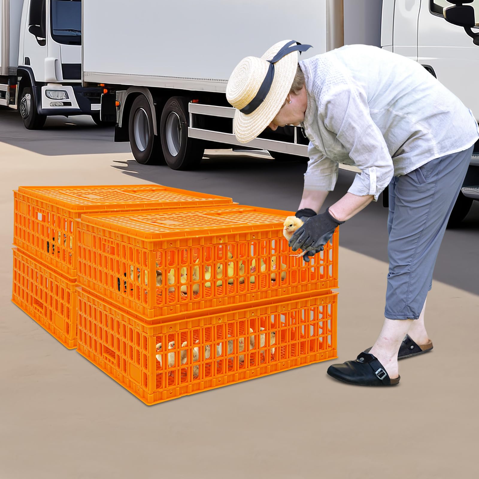 Gabbia Trasporto Pollame in Plastica 4 Pezzi Impilabile, Trasportino per Polli Anatre e Conigli con Porta Scorrevole, Struttura Rinforzata Carico 200 kg, Gabbia per Animali da Cortile 77x55x27 cm