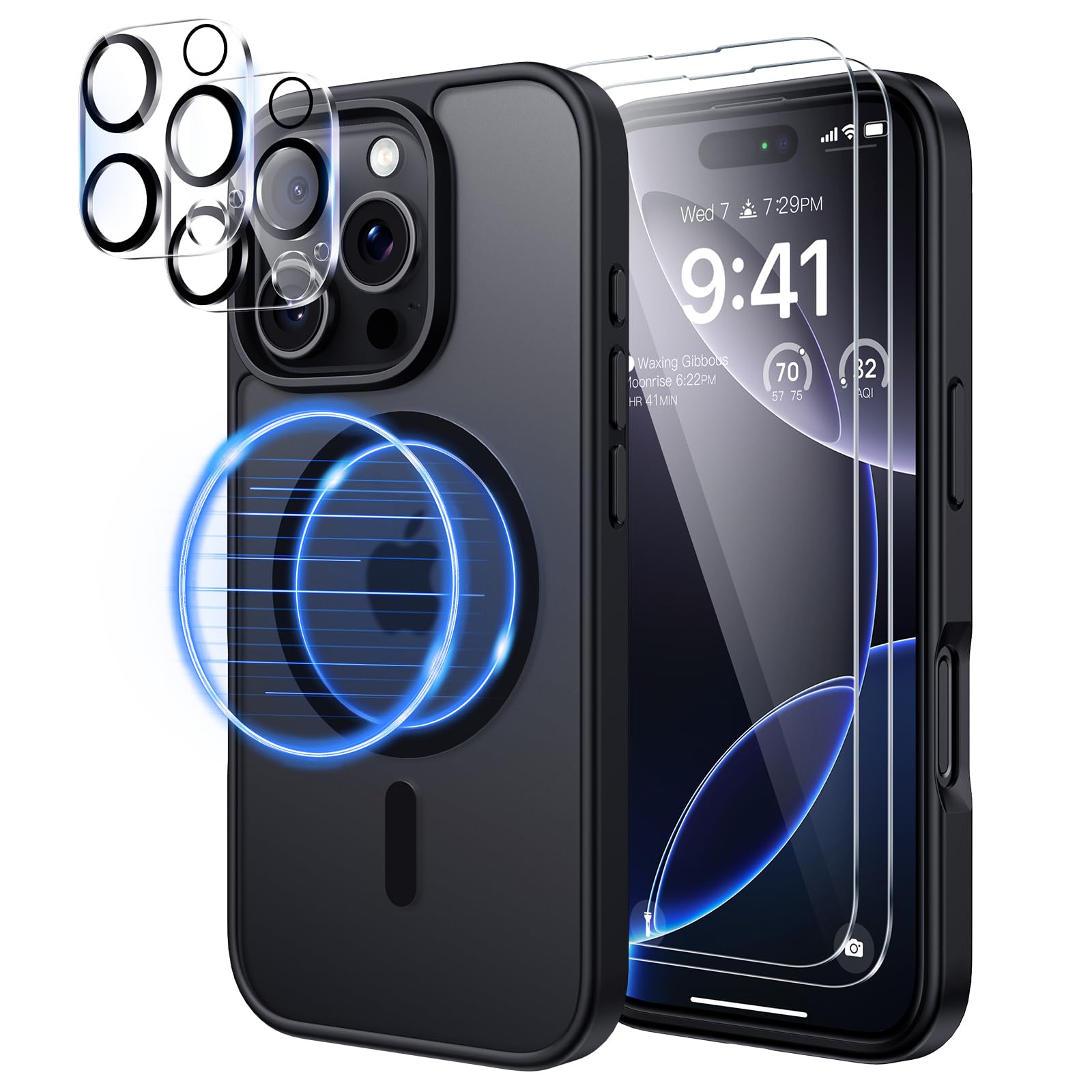 seacosmo 5 in 1 Magnetic for iPhone 16 Pro Max Case with 2X HD Screen Protector + 2X Camera Lens Protector