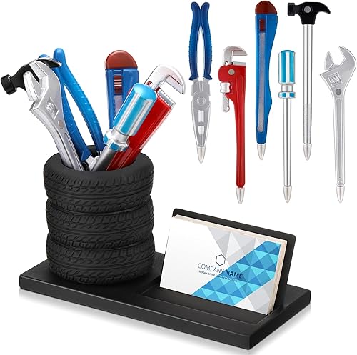 Juego de 7 bolígrafos de herramientas novedosas con forma de neumático, portatarjetas de visita, llaves inglesas, regalo de Navidad, divertido